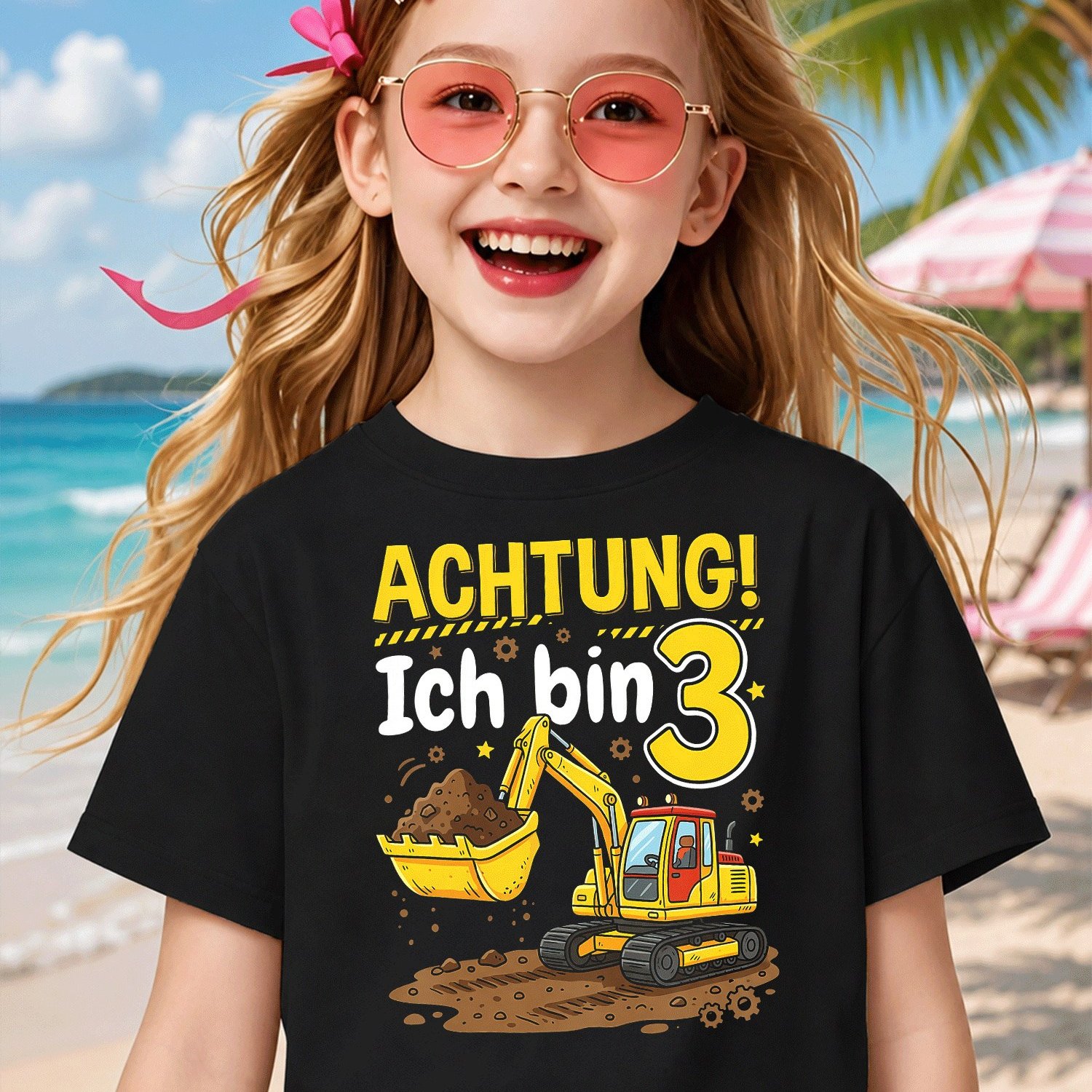 Image of 3 Excavator T-shirt - "ich Bin 3" Theme With Excavator, Breathable Round Neck Shirt Suitable For Kids' Beach Vacation, Outfits, Machine Washable