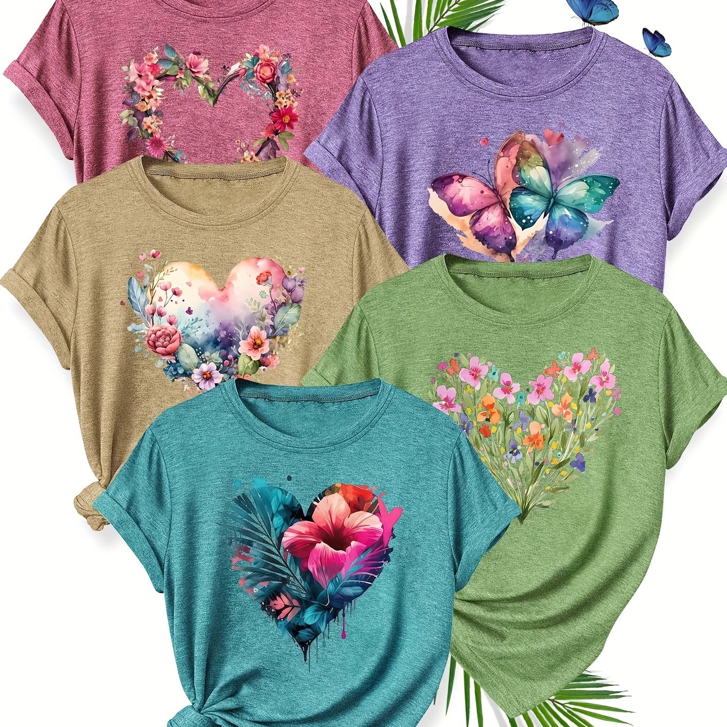 TEMU A Set Of 5 Matching Outfits For Sisters Featuring Easy And Clear Lines With And Floral Heart Patterns, Stylish And Retro Design For Women,