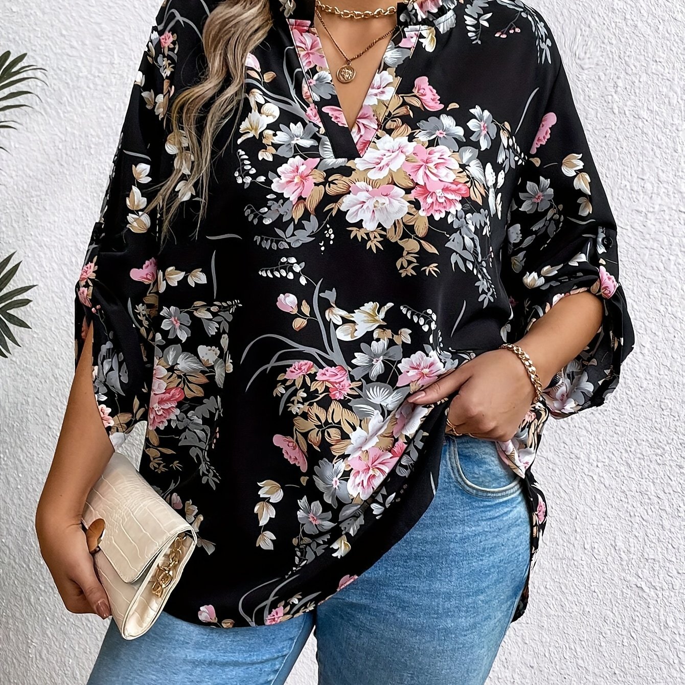 TEMU Plus Size Floral Print Notched Neck Blouse, Elegant Long Sleeve Blouse For Spring & Fall, Women's Plus Size Clothing