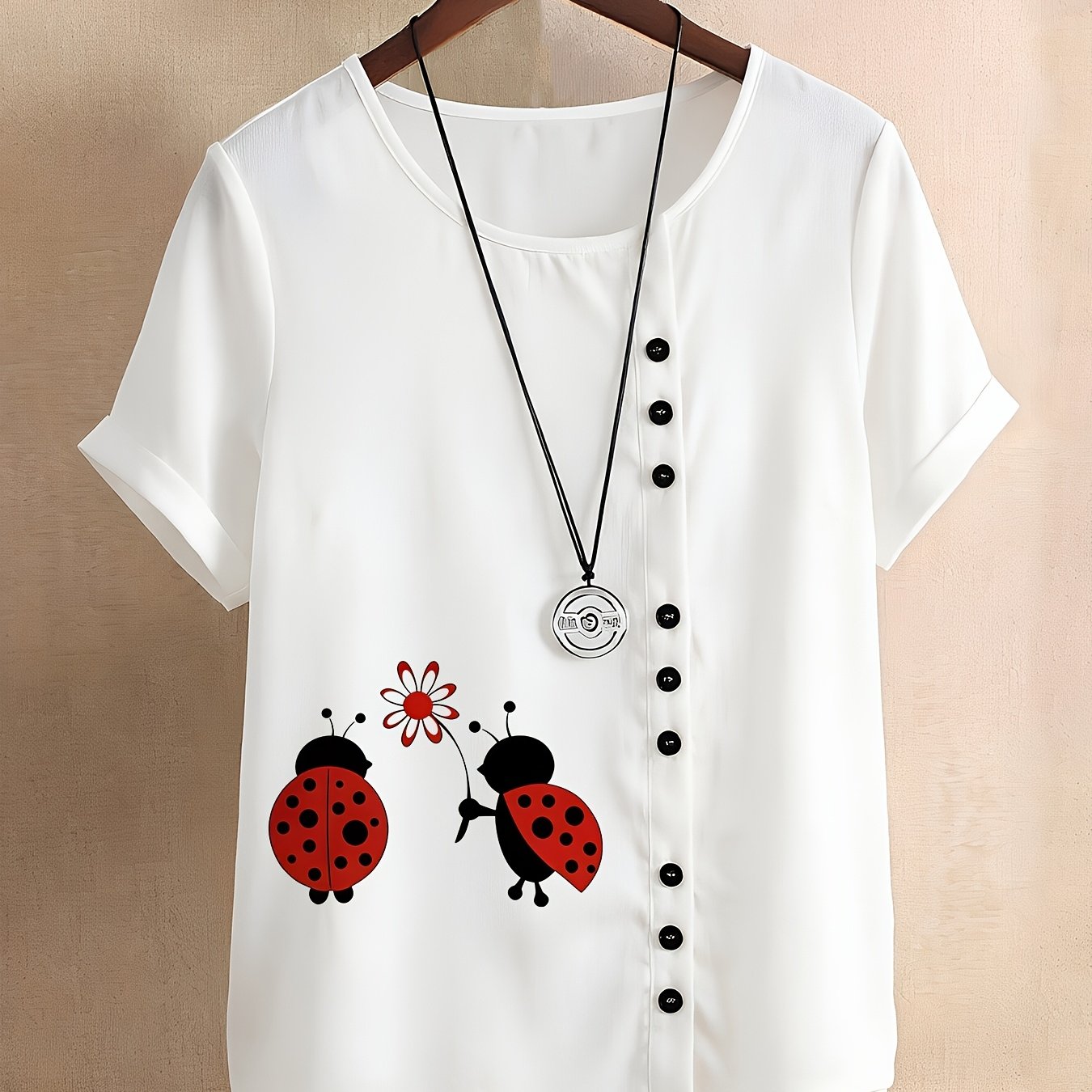 TEMU European And Loose-fit Creative Letter Color-block Pattern Button-up Round Neck Women's Short-sleeve Shirt, Short-sleeve Top, Spring/summer