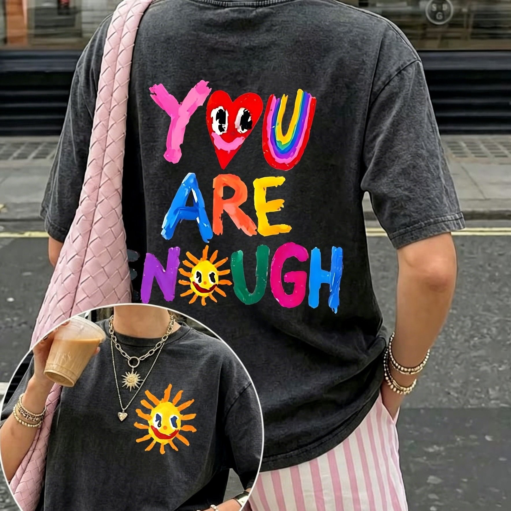 TEMU Plus Size, Plus Size Retro Washed T-shirt, Wo Double-sided Printed Cute Sun Tee, Crewneck Short Sleeve Oversized Washed