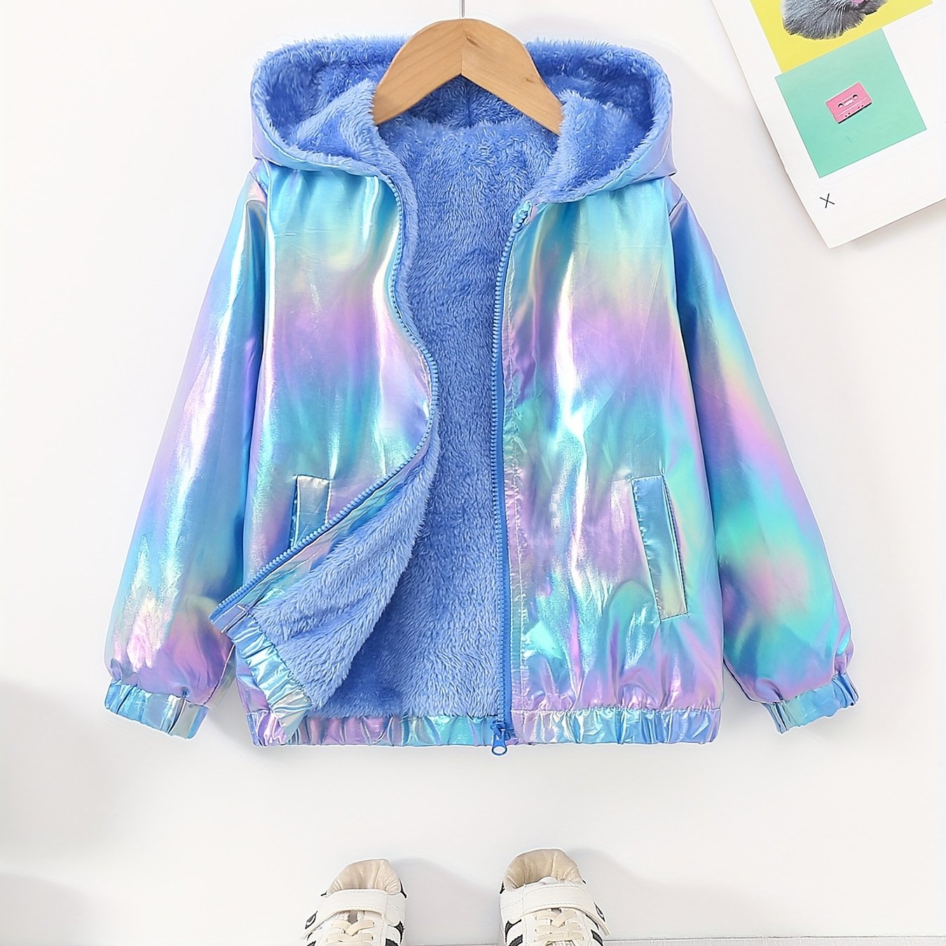 Image of Trendy And Cool Colorful New Children's -lined Hooded Jacket, Glossy Reflective Warm Top, Autumn/ Kids' Clothing