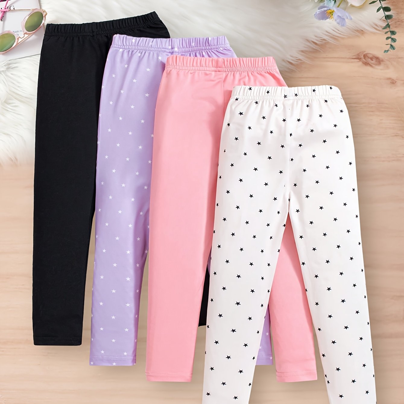 TEMU Ensemble de 4 pantalons longs pour fille, printemps/automne, décontractés, simples, polyvalents, de couleur unie, à taille élastique, vêtements