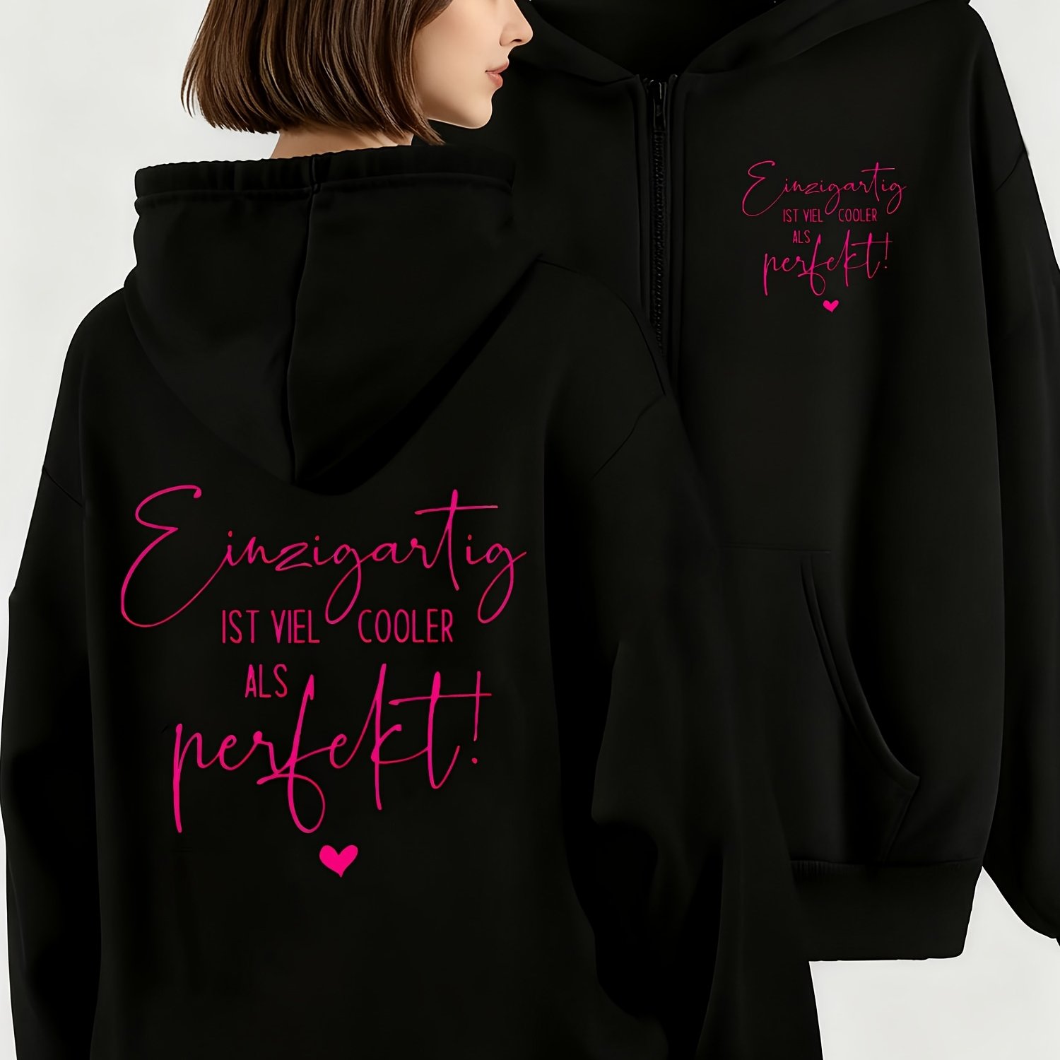 TEMU Women's Full-zip Hooded Jacket, "einzigartig Ist Viel Cooler Als !" Text Pattern Zip-up Hoodie, Regular Fit, Comfortable Fabric, , , Multiple