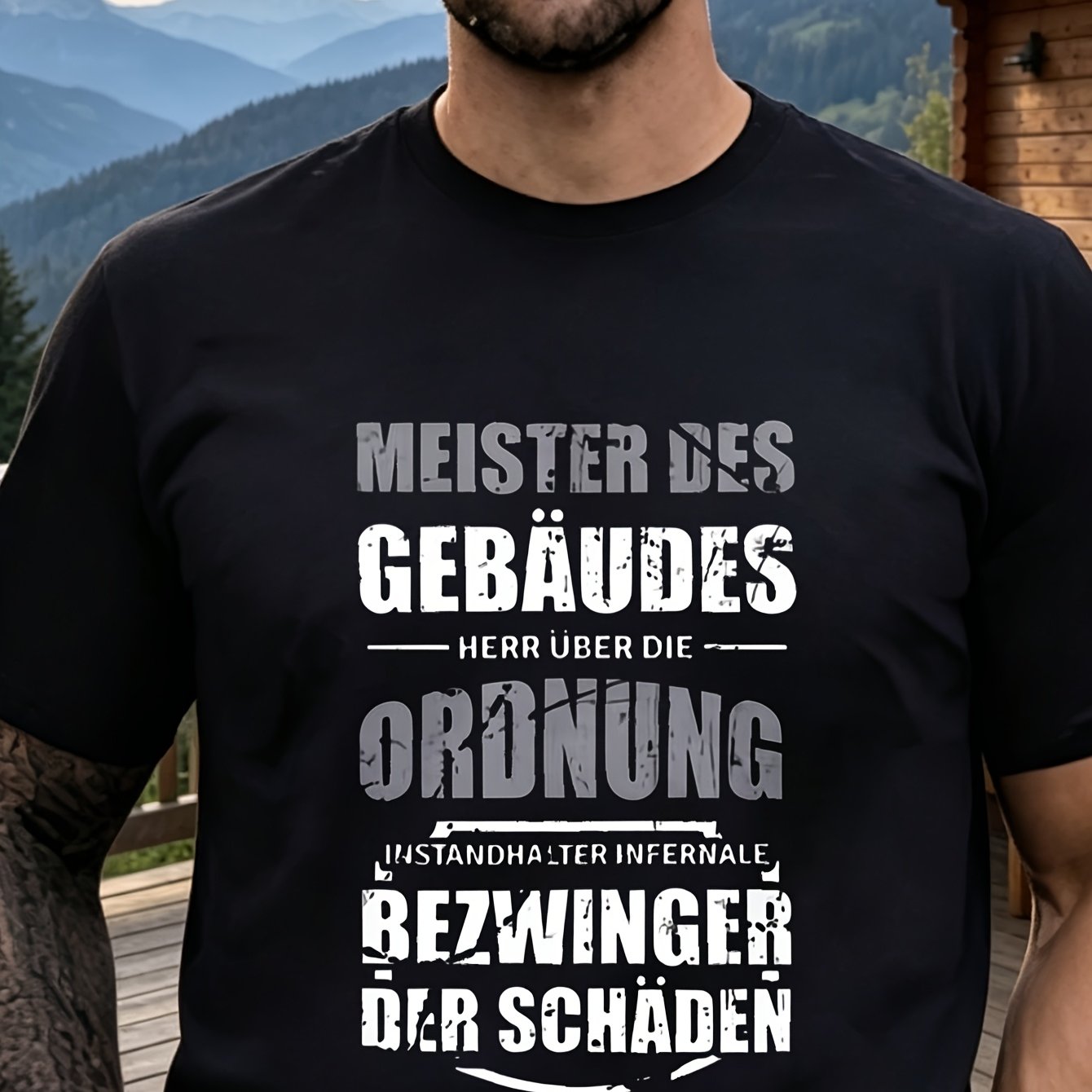 Image of Men's Heavy-duty German Text Workwear With Custodial Staff Phrases (caretaker, , Manager) - Durable Machine-washable Fabric, With German Print, Ideal Housekeepe T-shirt