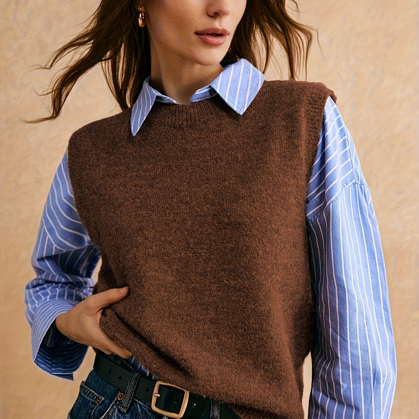 TEMU New Vest For Women, Korean Style Short Layering Cardigan For Spring/autumn, Solid Color Cable V-neck Sweater Vest