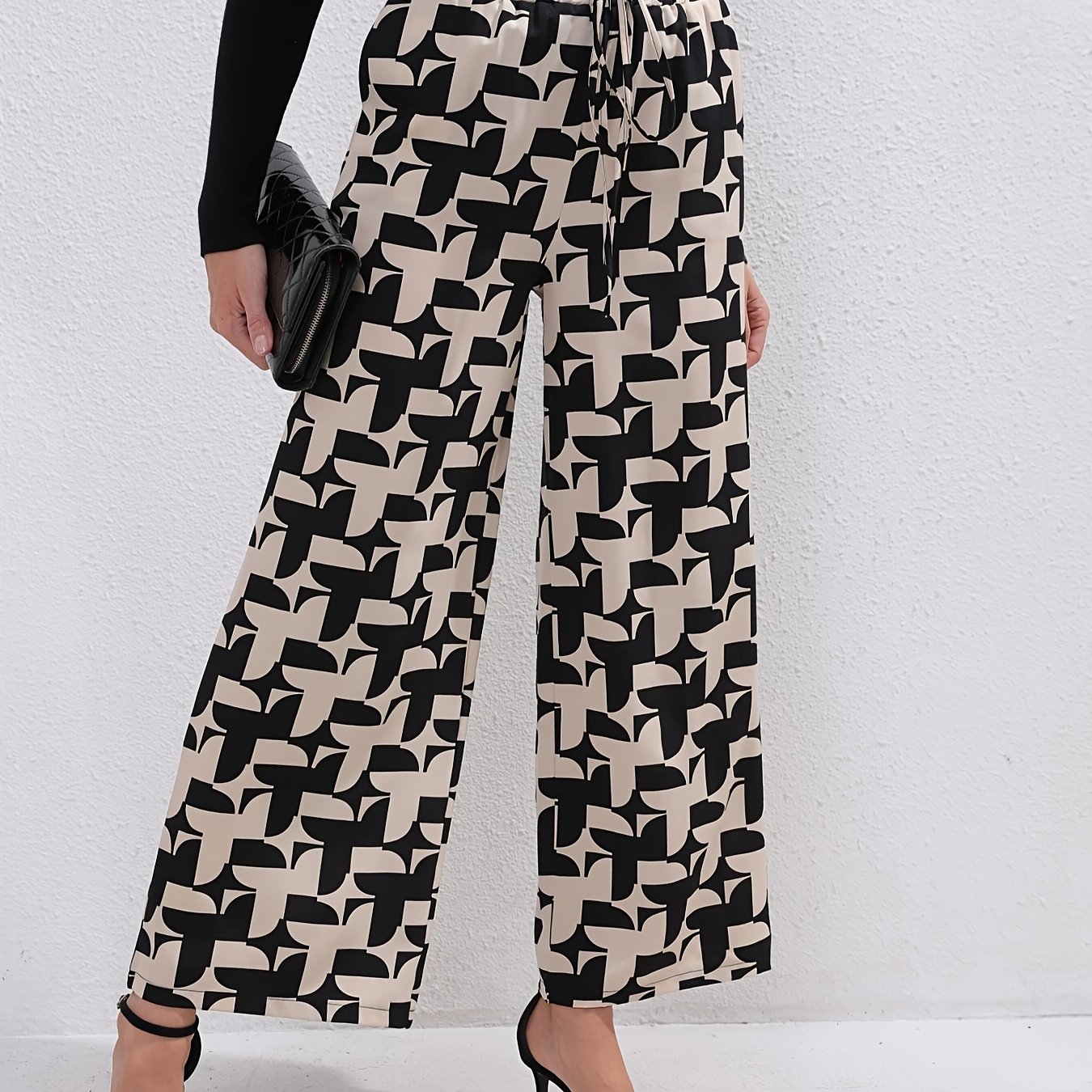 TEMU Allover Print Slant Pockets Wide Leg Pants, Casual Waist Loose Pants For , Women's Clothing