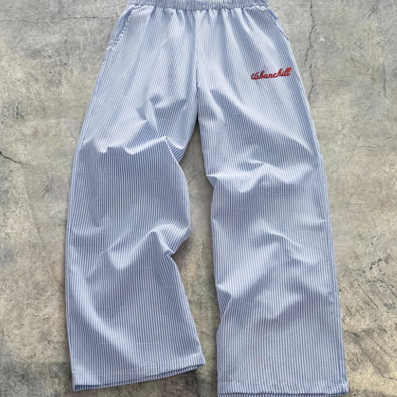 TEMU Men's Summer Striped Double Waist Pants With Embroidered Head - Non-stretch Suitable For Daily Wear, Casual Trousers, Machine Washable Striped &