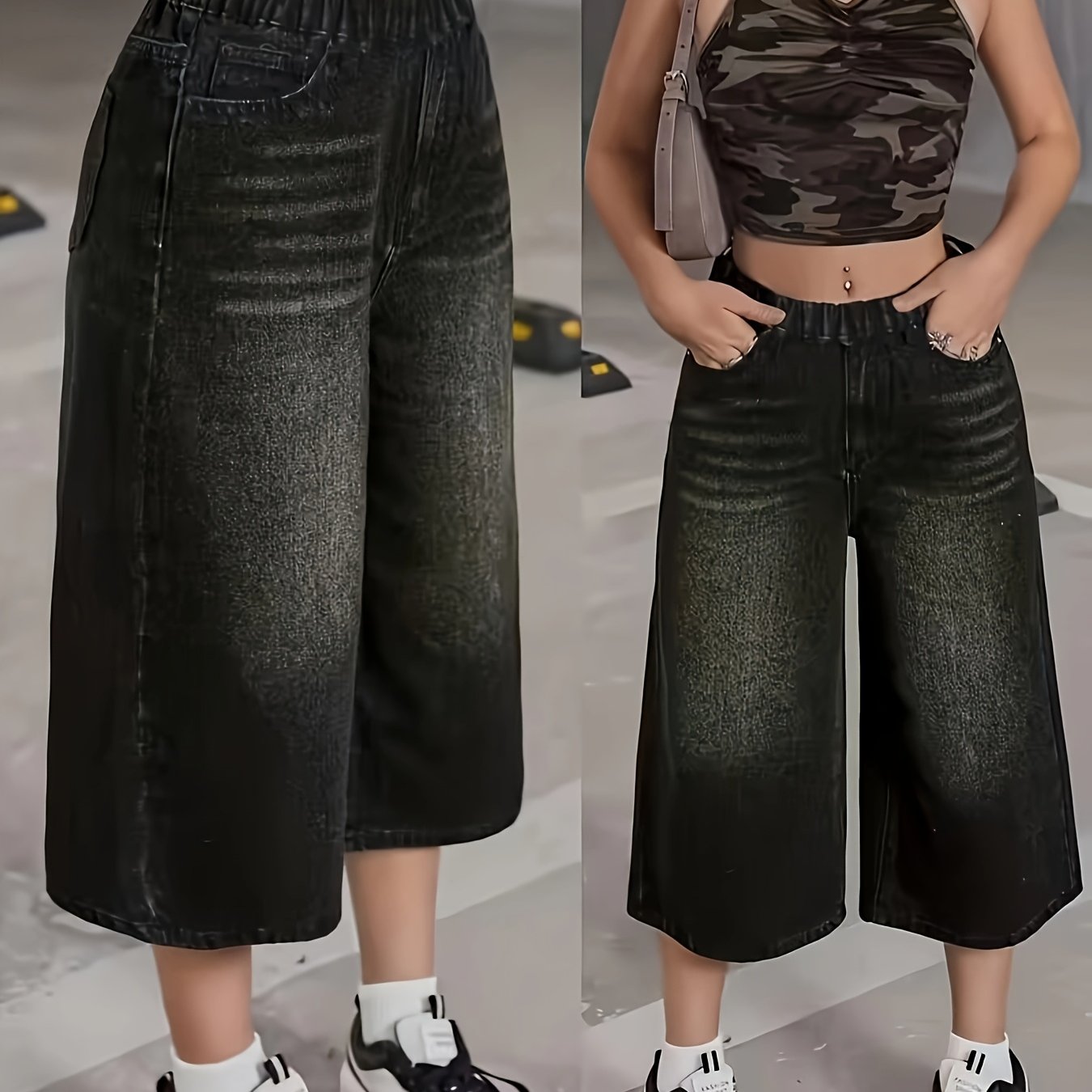 TEMU Vêtements pour Filles, Jeans Courts à Jambes Larges Style Tendance et Décontracté, Effet et Usé Noir-, Pantalon Capri à Taille Haute Entièrement