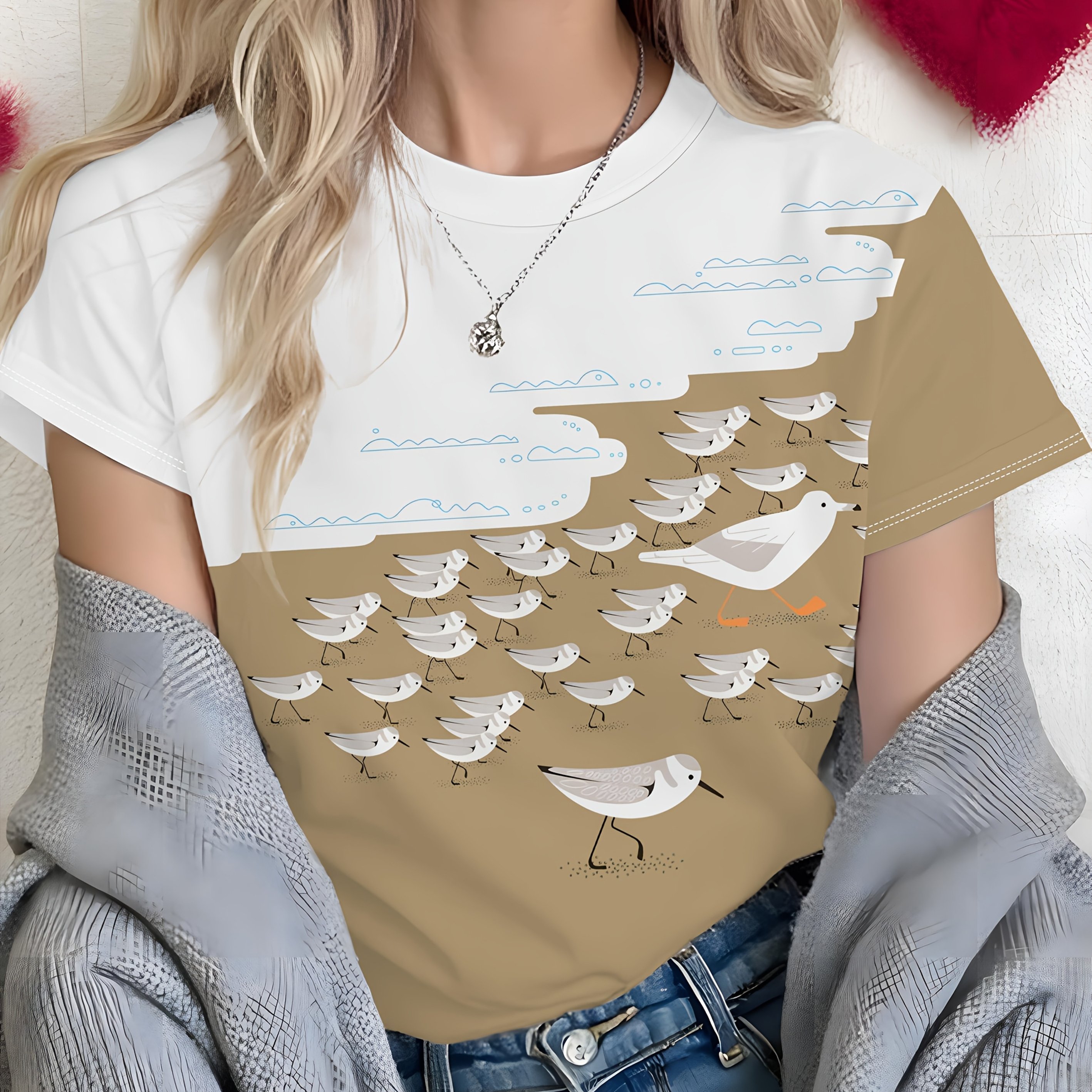 Women' Bird 3d Print Round Neck T-shirt, Easy And , Fiber, Machine Washable