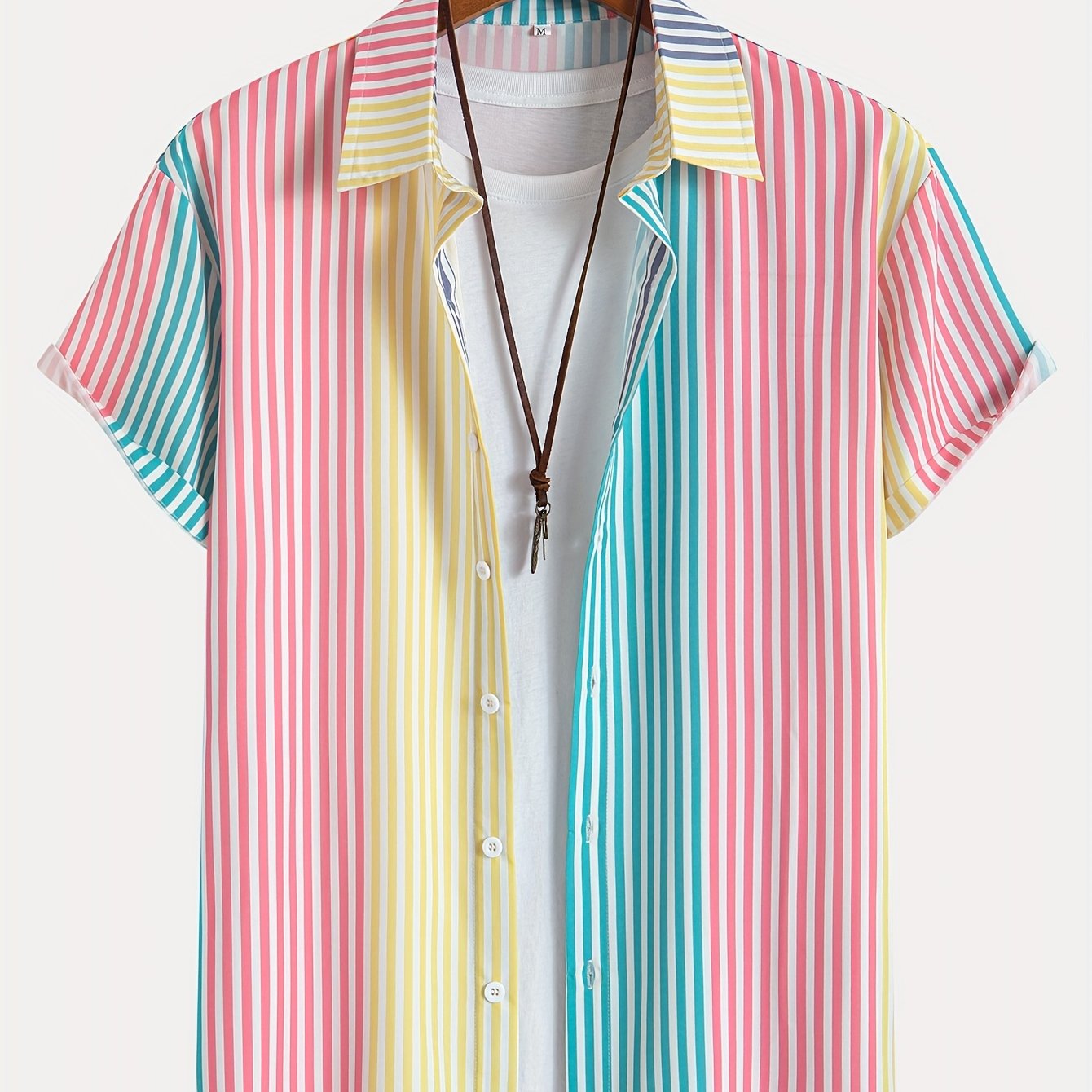 TEMU Random Print Multicolor Striped Lapel Open Cardigan Short Sleeve Shirt