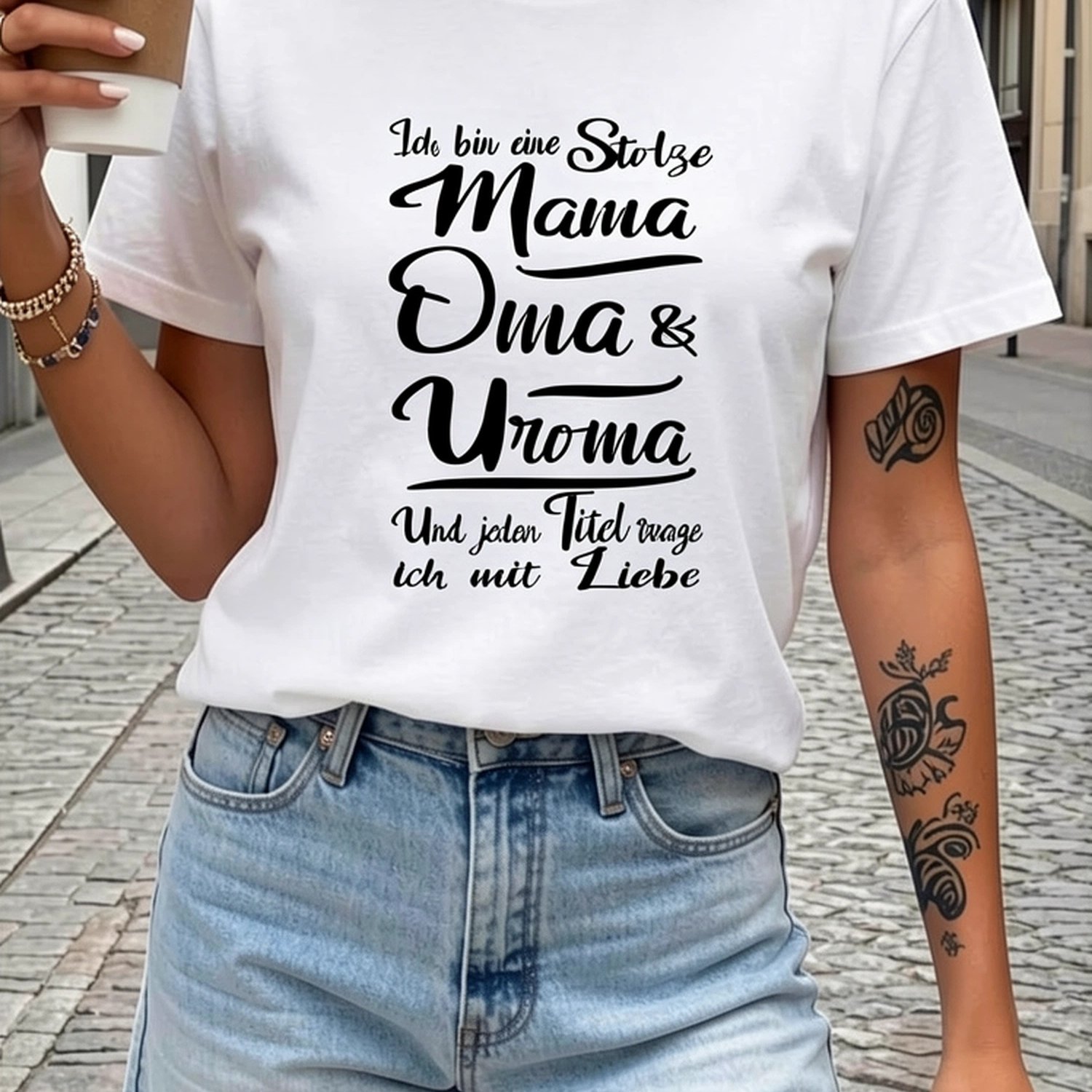 Image of Women's Plus Size German Letter Print T-shirt - "german Mom Grandma Great-grandma" Short Sleeve Crew Neck Casual Top, German Suitable For Casual Attire, Machine Washable Gift Apparel