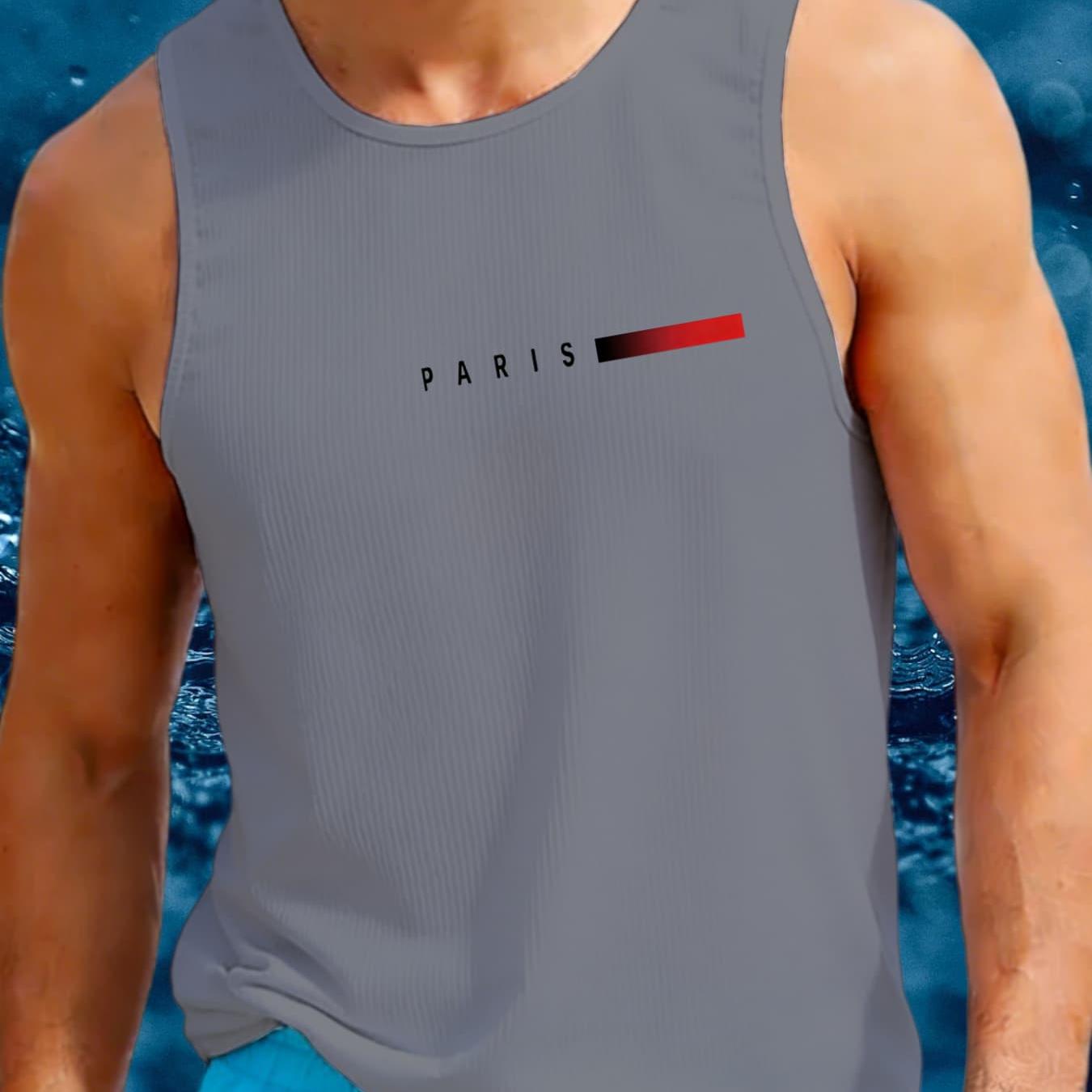 TEMU 's Apparel: Men's Casual Tank Top, Solid Vest With Simple "paris" Gradient Print, Urban Minimalist Style. Machine Washable, 100% Polyester