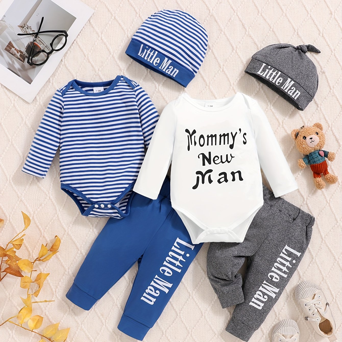 Baby Boy Outfit Spring Summer 6pcs Set Triangle Bodysuit Letter Print Striped Elements Long Sleeve Long Pants, For Outdoor