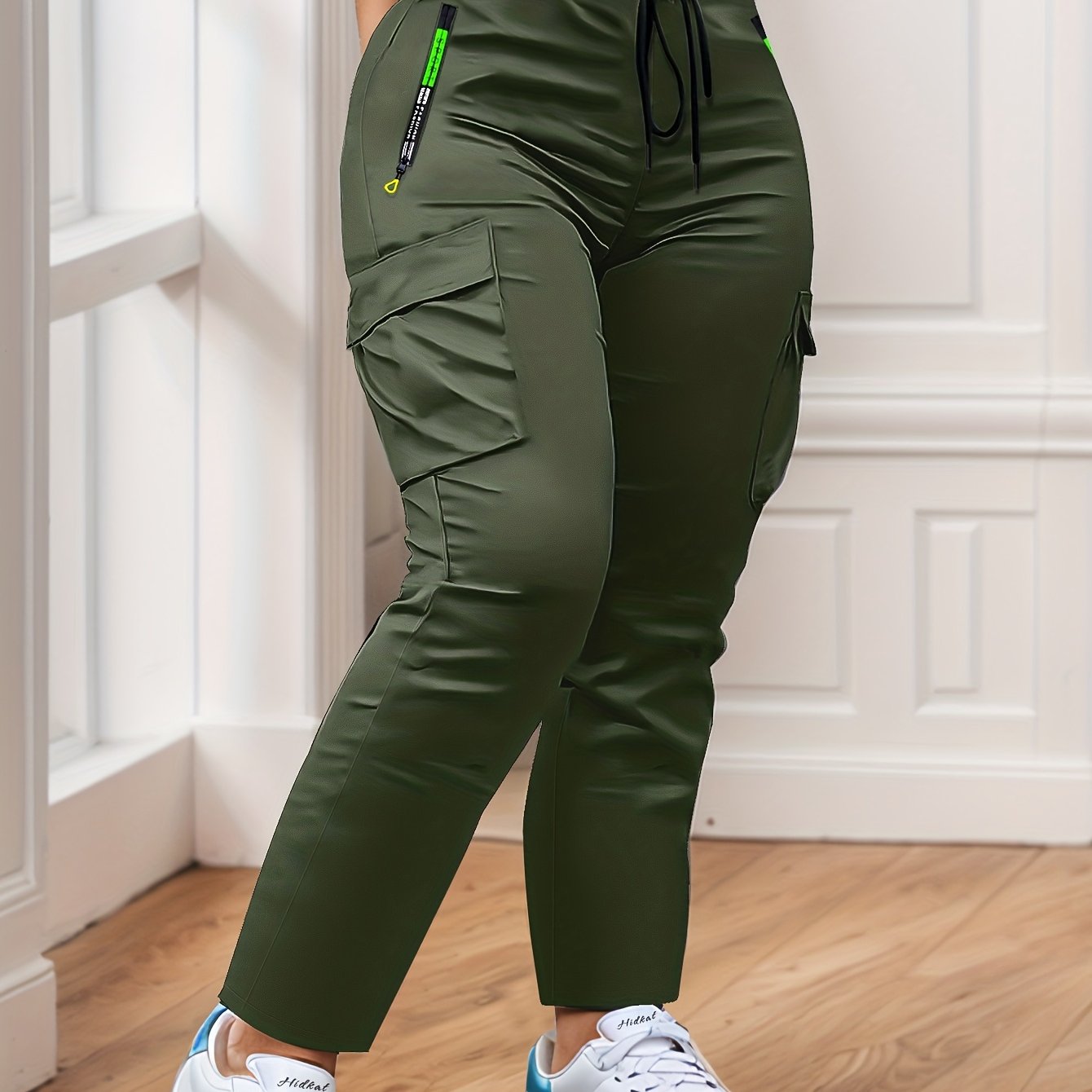 TEMU Women's Multi-pocket Cargo Pants, Spring/autumn Lightweight Style With Zippered Pockets, Straight-leg Casual Trousers, Elastic Waist Design