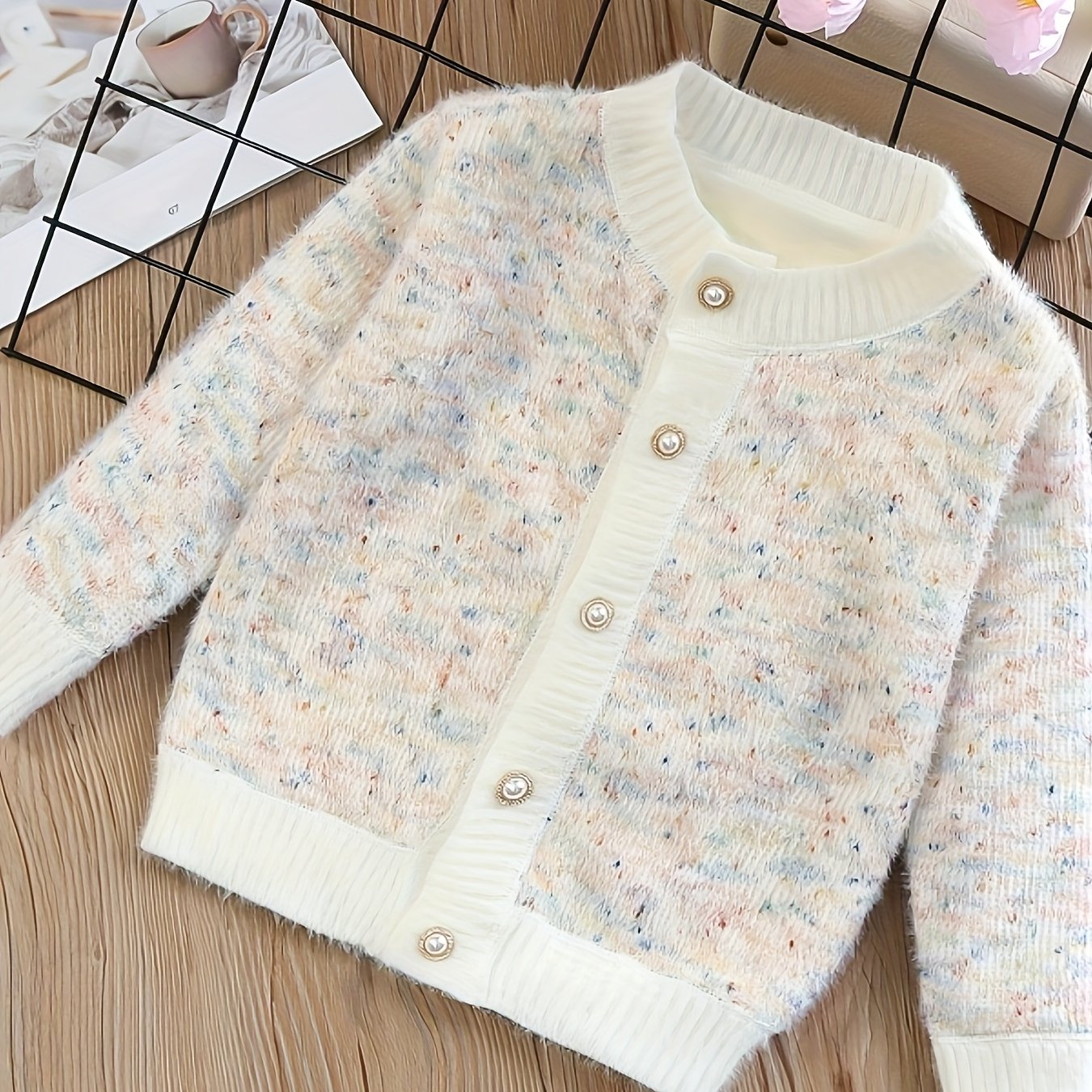 Fleece Cardigan With Beaded Buttons, Universal Matching