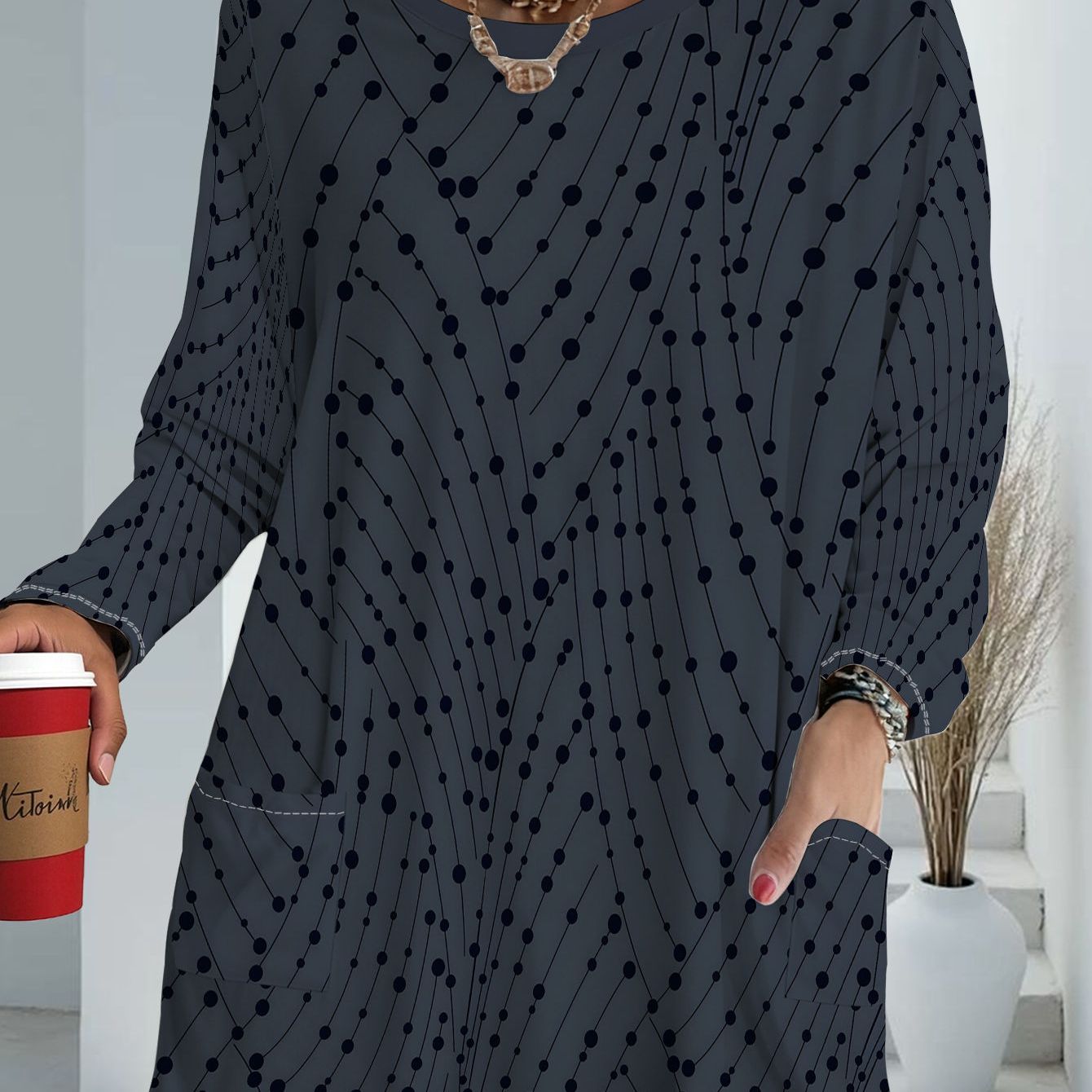 TEMU Women's Plus Size Oversized T-shirt With Pockets - Full-body Polka Dot Print Blouse Suitable For Spring Summer Fall, Loose Fit Round Neck Base