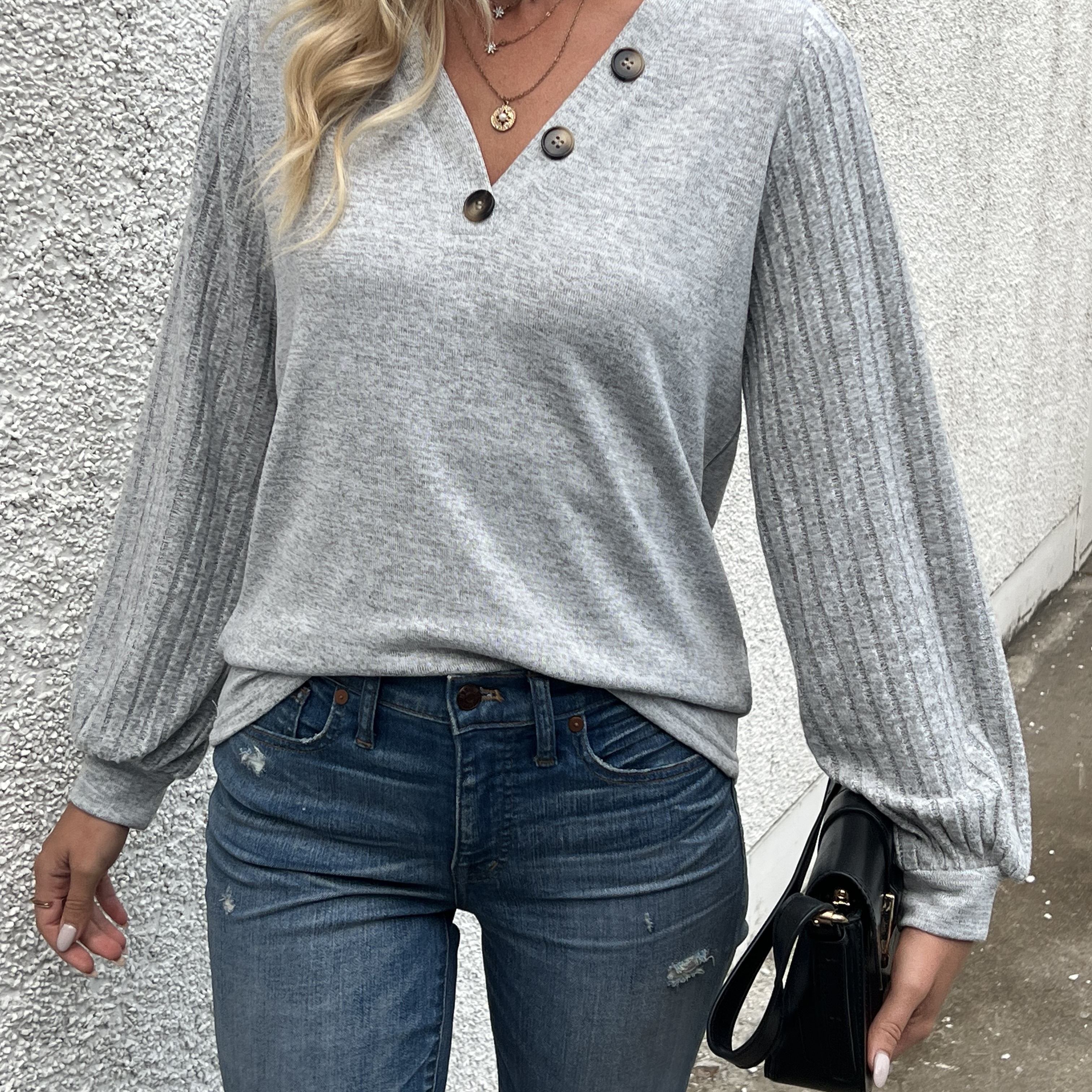 Image of Autumn And Winter Items - Casual And Stylish Ribbed Brushed V-neck Button Long-sleeve Top, Perfect For , Commuting, And Comfortable Everyday Wear