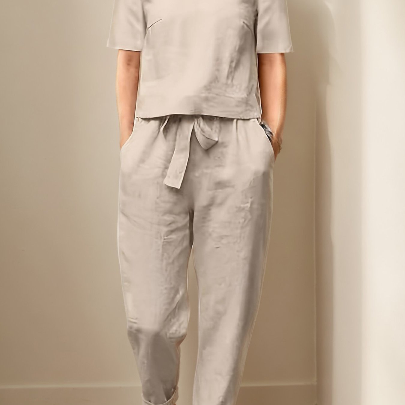 TEMU Women's Casual Pants Suits, 2pcs Short Sleeve Top And Lace-up Pants, Loose Style For Daily Wear