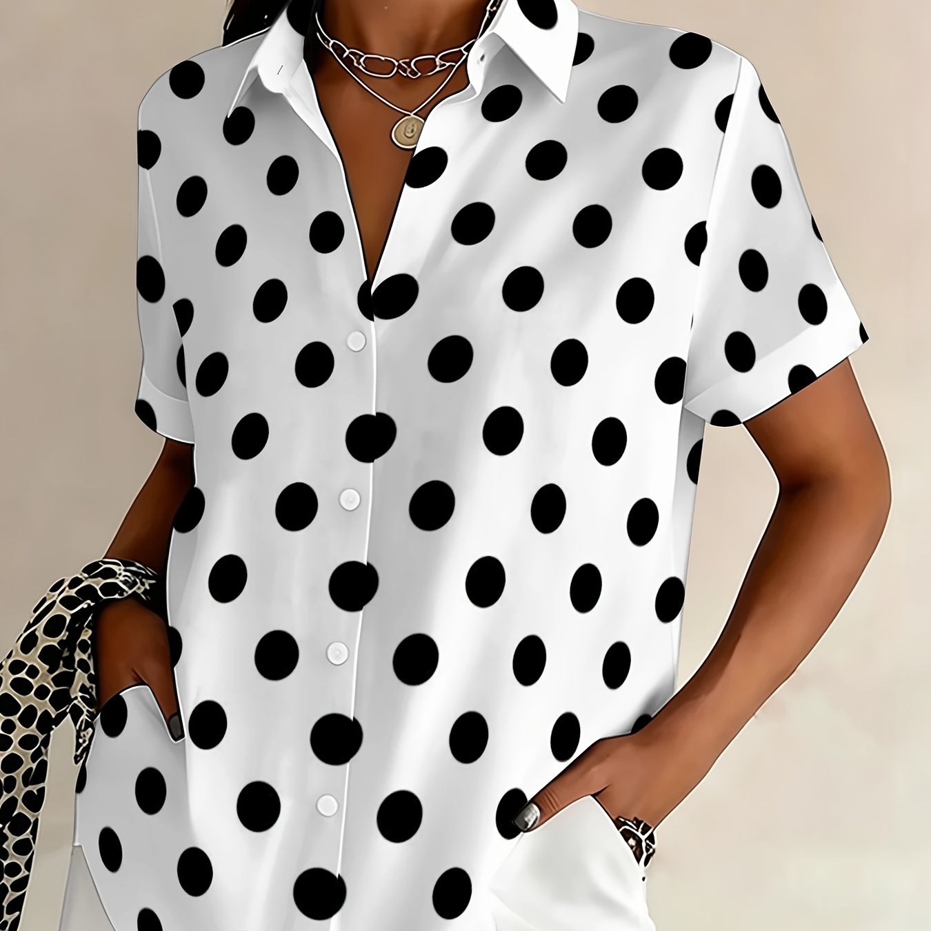 TEMU Plus Size, Plus Size Women's Casual Short Sleeve Black Polka Dot Print Button-up Shirt Fashion Collared Cardigan