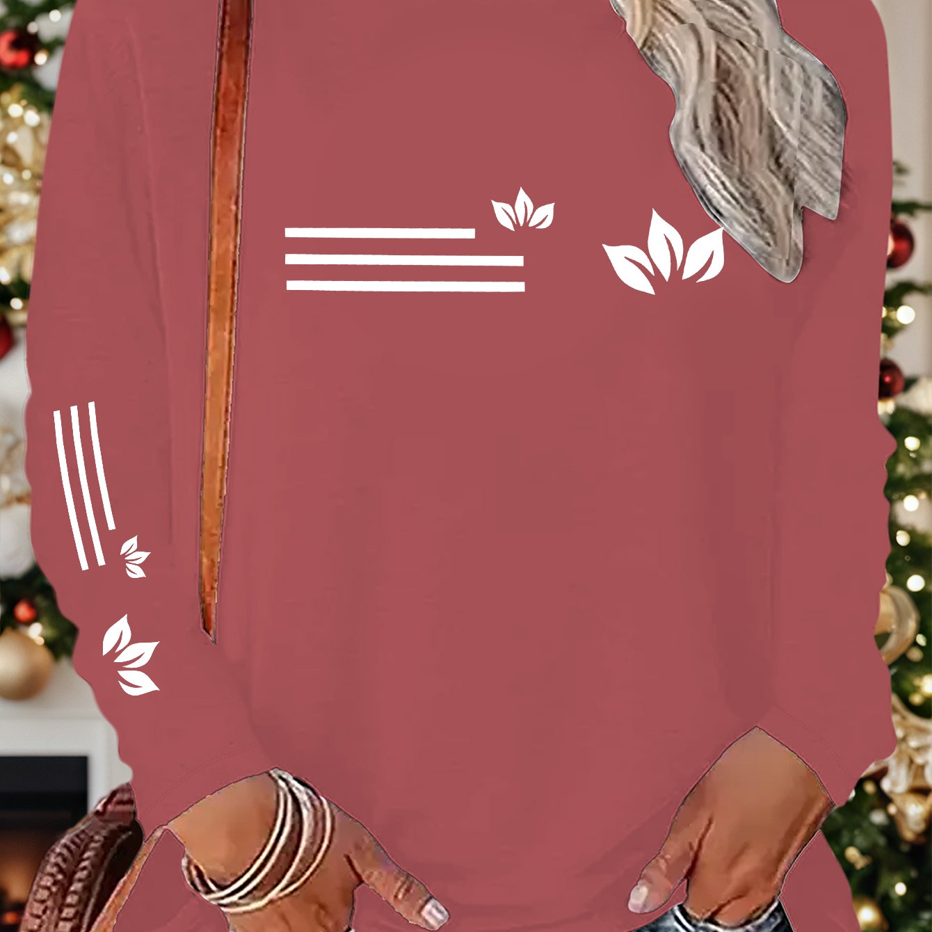 TEMU 1pc Petal Pattern Striped Print New Y2k Style Women's Elegant Autumn Winter Casual Athletic Long Sleeve Single Sleeve Comfortable Breathable Top