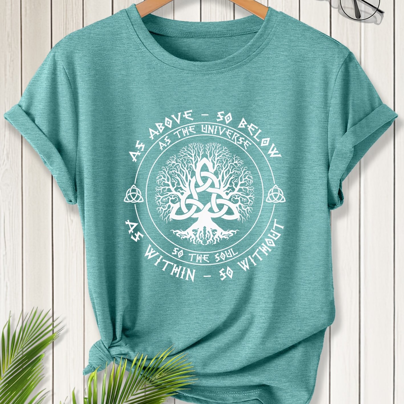 TEMU Life Tree Celtic Knot Print Short Sleeve Retro Round Neck T-shirt Fresh Mysterious Style Loose 2026 Spring Summer Elegant Individual Fashion