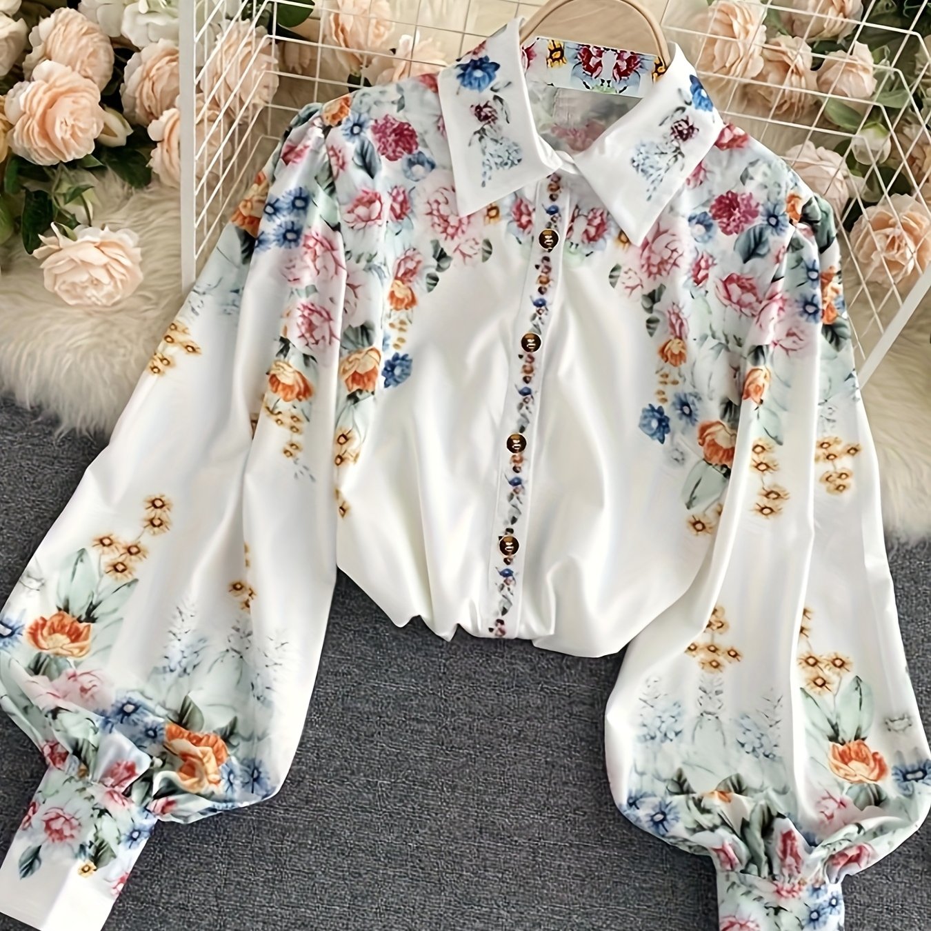 TEMU おしゃれな花柄プリント長袖シャツ