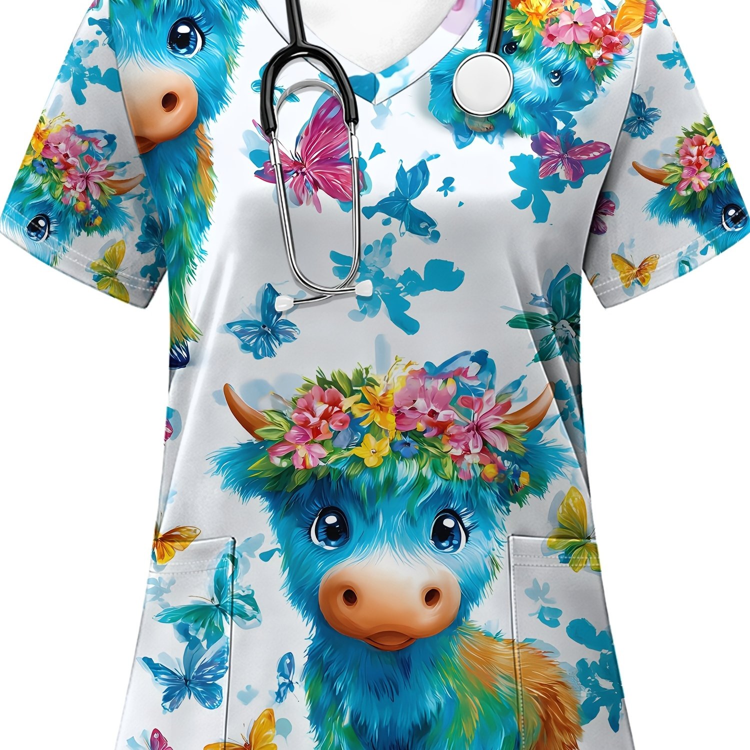 TEMU Plus Size, Plus Size Women's Workwear Top | V-neck Short Sleeve Uniform, Blue Highland Cow And Floral Print, Cute And Style, Hot Trend, Uniform