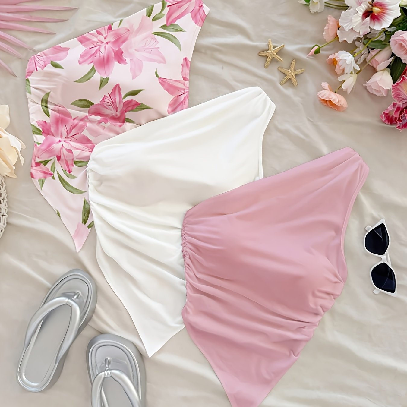 TEMU Style Yy260317003, 3pcs Casual Women's Camisole Set, One-shoulder Design, Asymmetrical Ruffles And , Bx251205