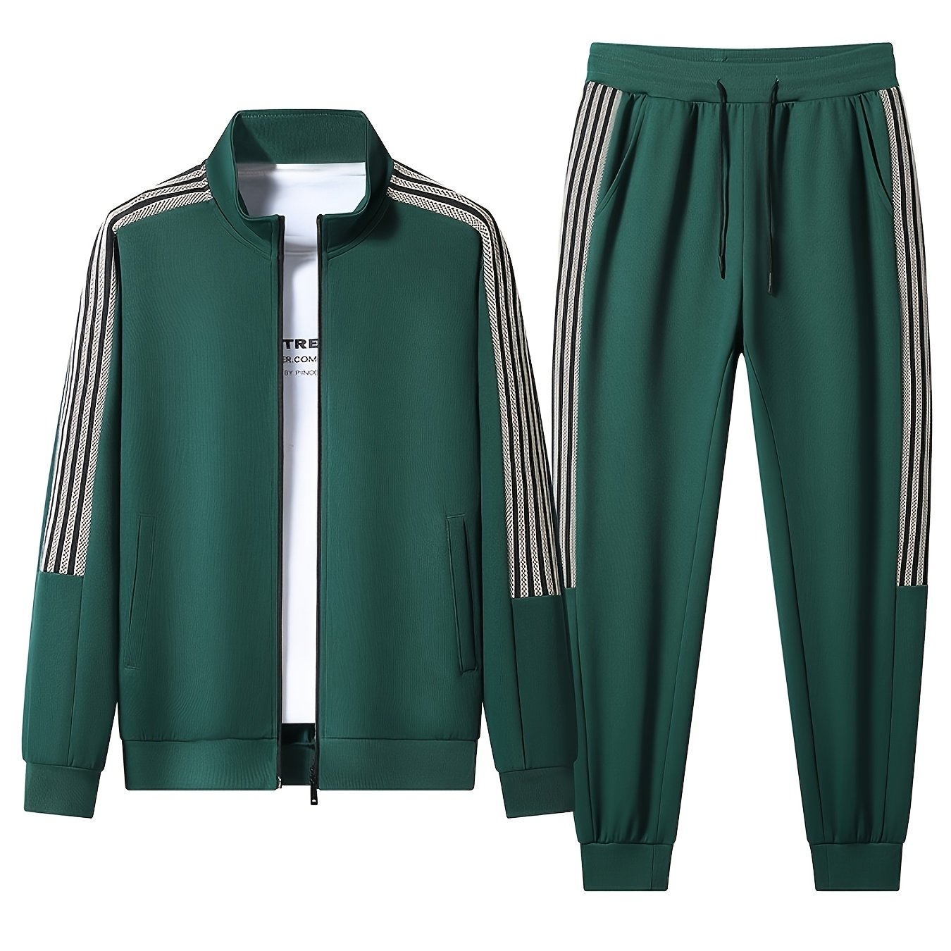 TEMU Men's Spring/autumn Casual Sportswear Set, Full-zip Jacket Top   Drawstring Pants, Webbing , Suitable For Youth, Middle-aged, Daily Leisure,