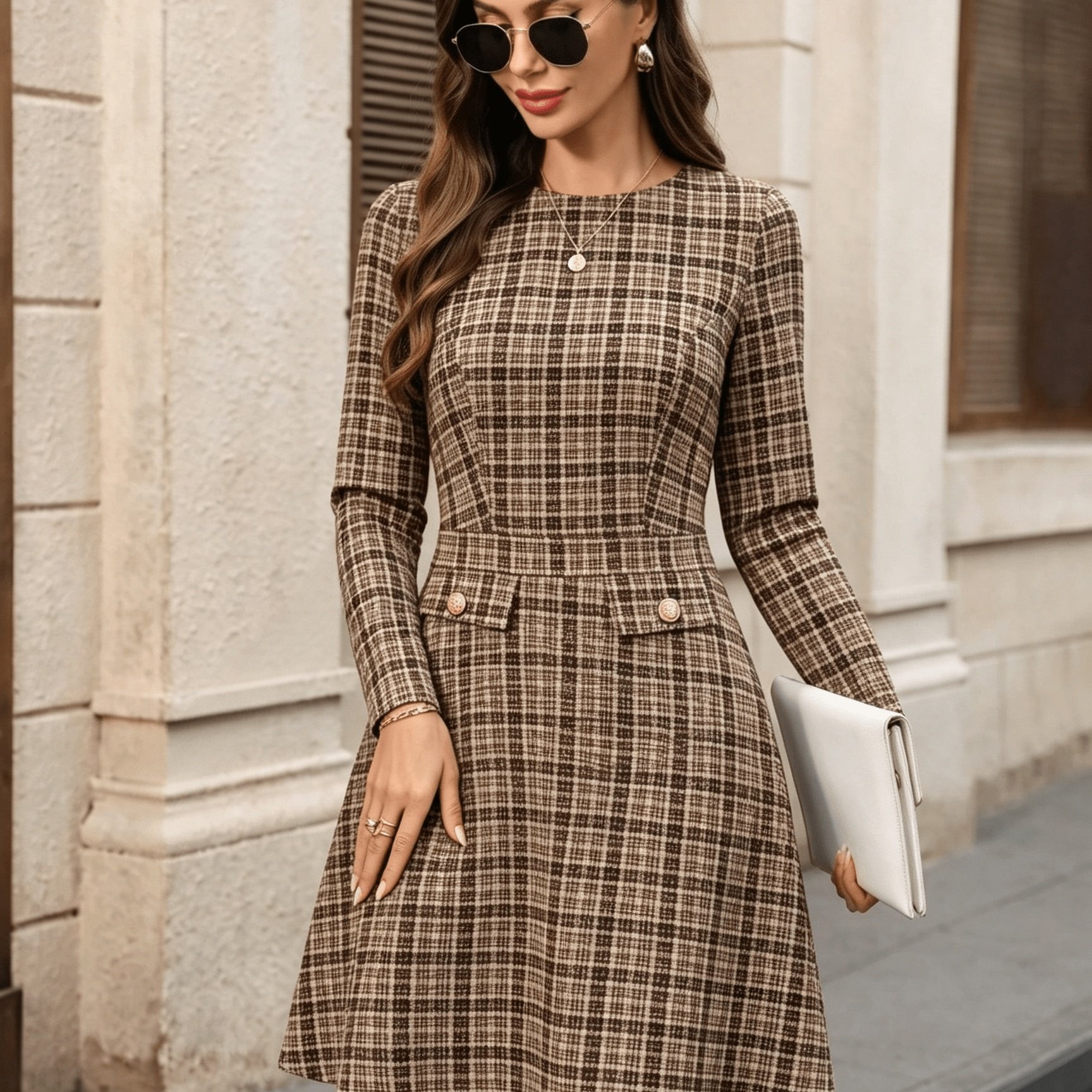 TEMU 2026 Autumn/winter New Women's A-line Dress, Round Neck Long Sleeve Waist-cinching Skirt, Commuter Business Women's Short Skirt, English Retro