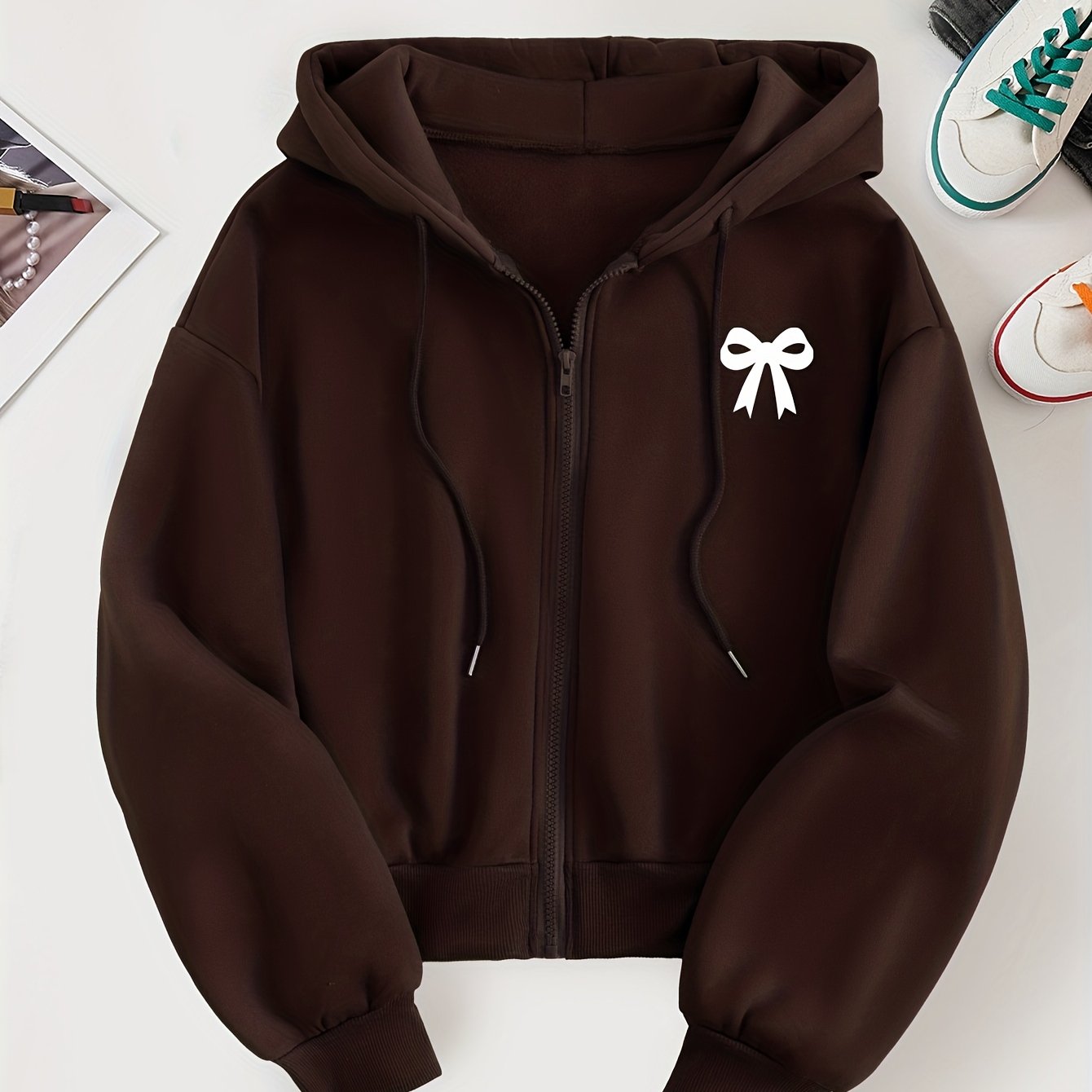TEMU D139 - Women's Cropped Hooded Sweatshirt, Trendy And Creative Minimalist Bow Pattern Chest Print, Beautiful And Stylish Loose-fit Autumn/winter