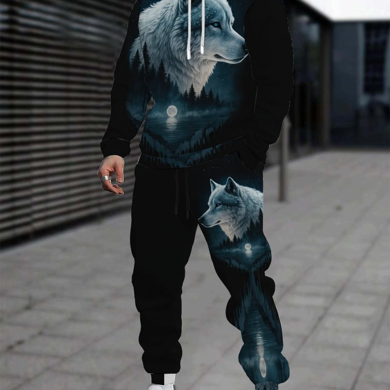 Image of Men's Fashion Set Featuring A Two-piece Hoodie And Drawstring Pants With A 3d Print Of A Sea Starry Wolf Pattern, Perfect For Jogging And Sports, Providing And
