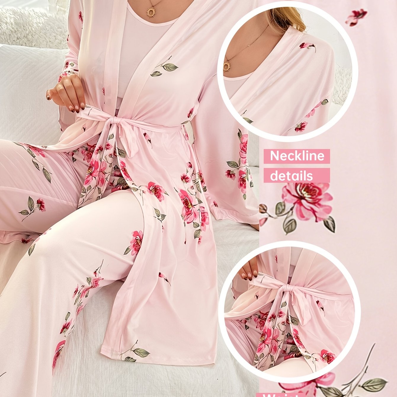 E-shop Ramadan 3-teiliges Set Standardgröße Damen Ganzjahres-Pyjama, Temperament Elegantes Blumenmuster Ärmelloses Cami Top und Langarm Robe Set