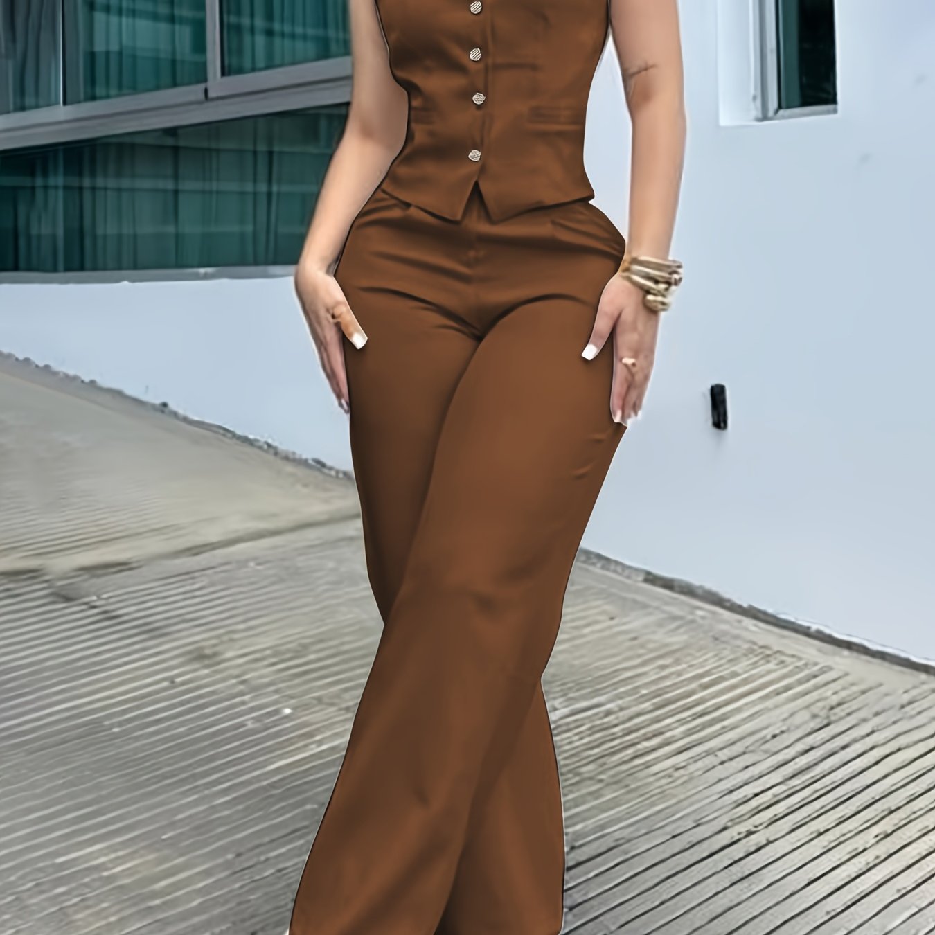 TEMU Conjunto de 2 piezas, básico y moderno para todas , ideal para ir al trabajo, elegante, versátil, chaleco y pantalones largos para mujer
