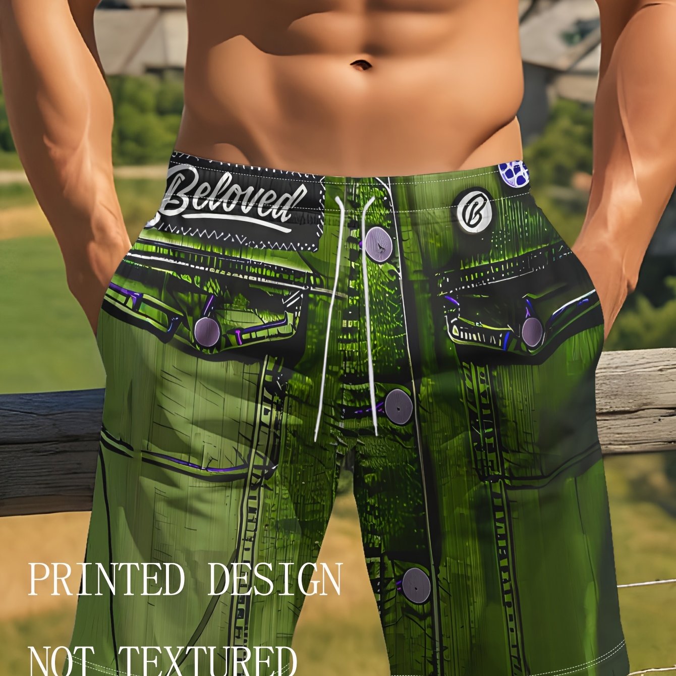 TEMU Men's Beach Vacation Shorts Green Denim Jacket, Embroidery, Buttons And Badges, Print , Exquisitely Designed Patterns, Drawstring Waistband, For
