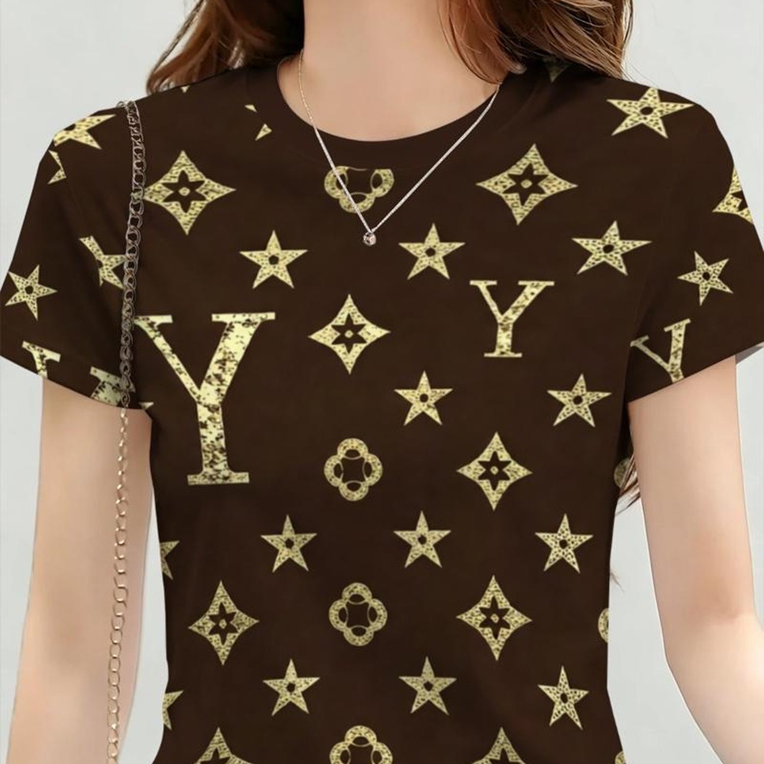 TEMU [printed Design - Not Textured] Women's Fashion T-shirt, Dark Brown Background With Luxurious Golden Stars And "y" Pattern, Suitable For Casual
