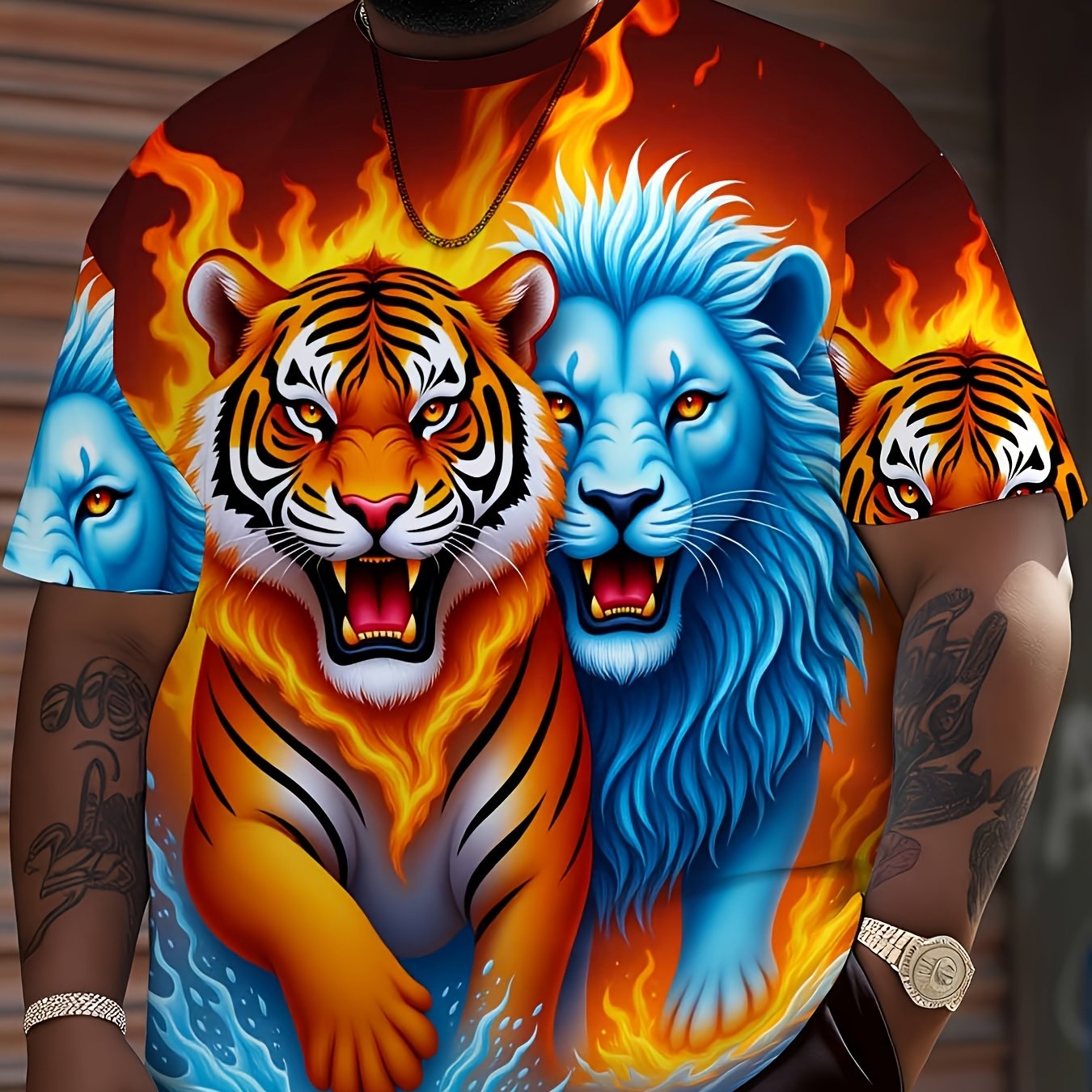 TEMU - Fire And Ice, Tiger And Lion Printed Men's T-shirt, Animal Pattern, Flame And Water Ripple, Short Sleeve Printed Tee, Fashion Statement Shirt,