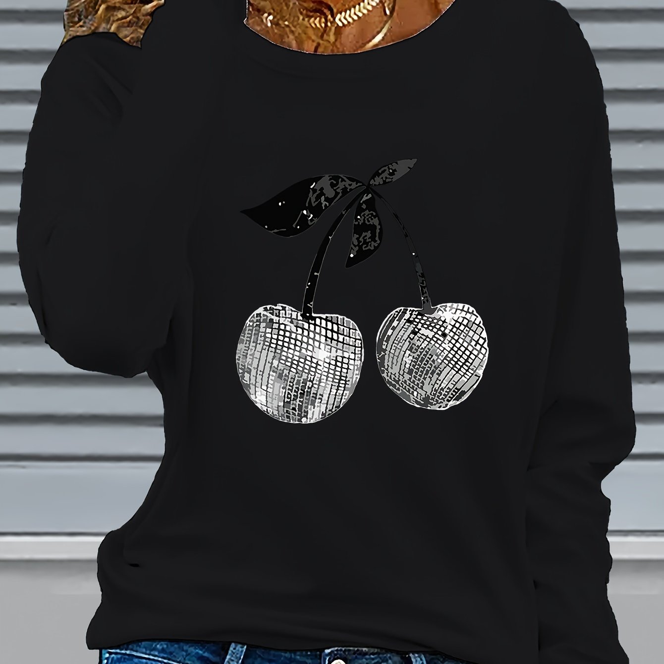 TEMU Camiseta con Estampado de , Larga y Cuello para y Otoño, Ropa de Mujer, Camisetas para Damas, Estampado