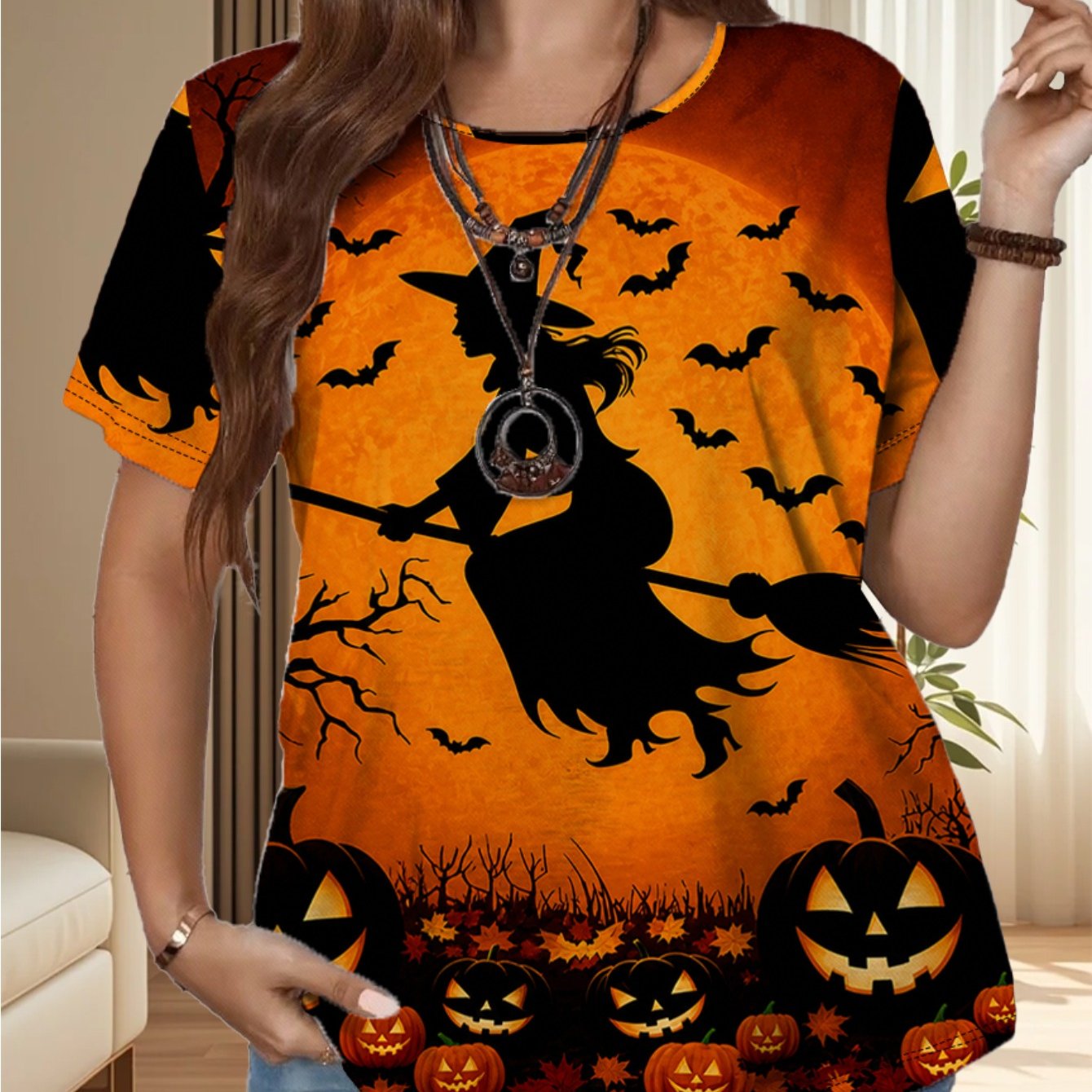 TEMU Plus Size Women's Round Neck Stretch T-shirt, Loose Short Sleeve For Inner And Outer Wear, Halloween Pumpkin Bat Pattern, Women's Casual Fashion