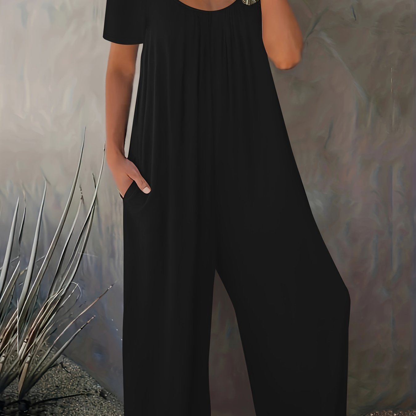 Image of Plus Size - Western Summer New Women's Long Pants Cross-border Solid Color Pocket Loose Casual Short Sleeve Jumpsuit Women's