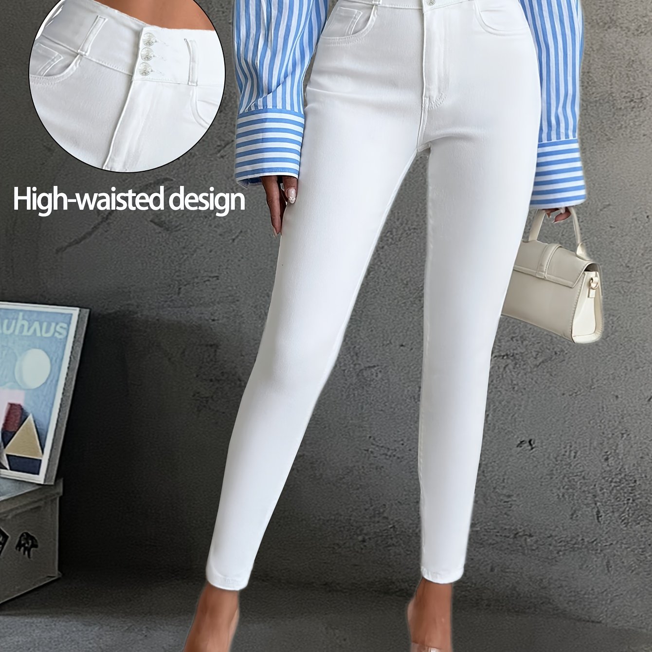 Image of White Fashion 3-button Tapered High-waist -lifting Skinny Jeans Denim Jeans
