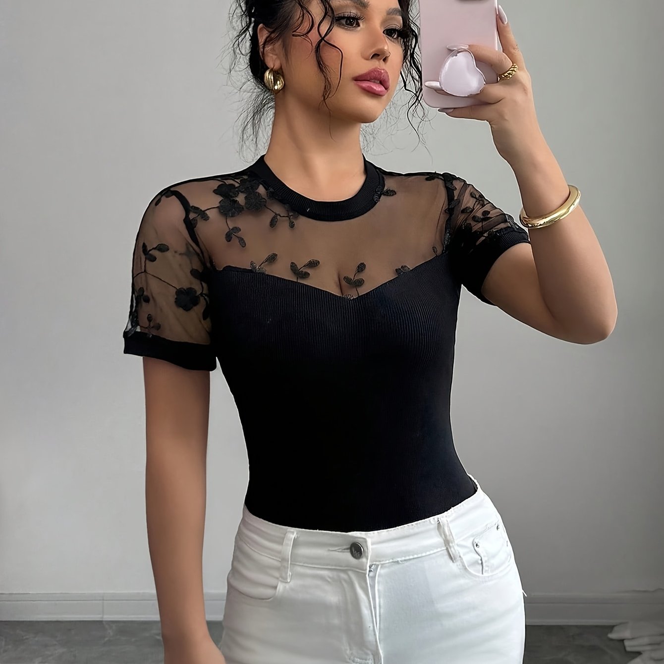 TEMU Elegant And Sexy Casual Short-sleeve T-shirt For Women, Featuring A Round Neck, Mesh Inserts On And Sleeves, Embroidery, A Fitted Design, And Stretchy Fabric, Perfect For Spring And Summer