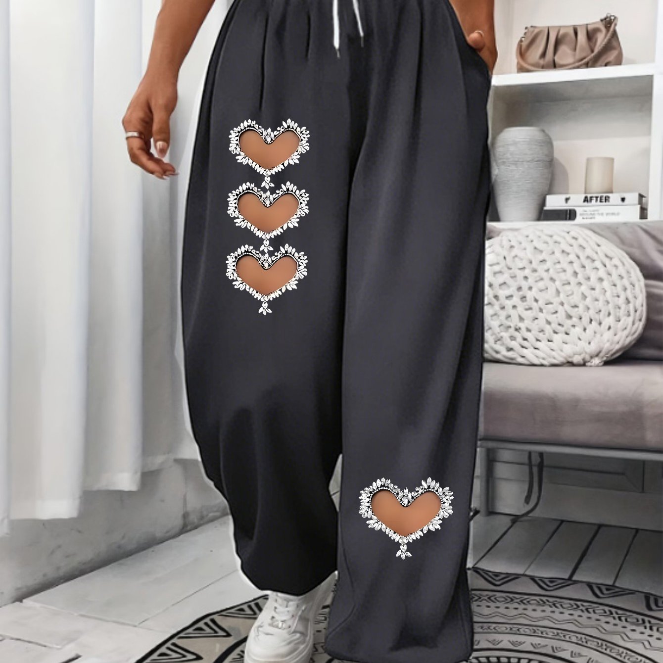 TEMU Lace Love Hollow Double Printing, Stylish Plus-size Women's Sweatpants, Spice Wild Leggings, Suitable For , Double Pockets, Plus-size Women's