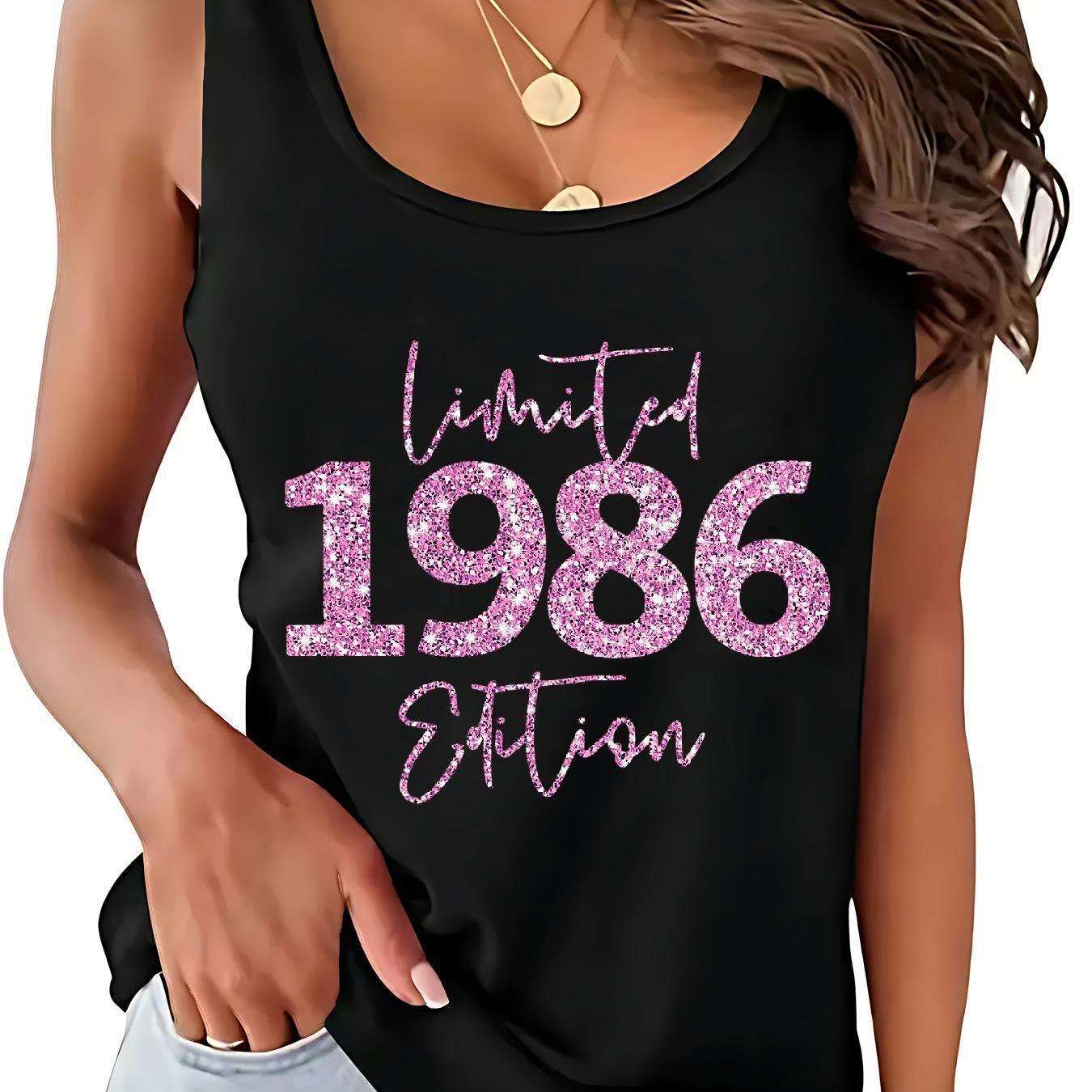 TEMU Women's Retro 80s Graphic Sleeveless Vest - Breathable Sweat-wicking Sleeveless Top With 80s Print ( 1986 Design, Glittery Pink Lettering &