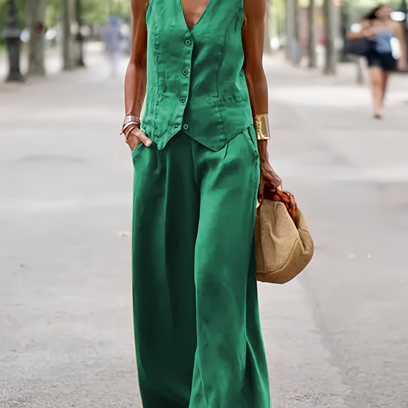 TEMU Summer New Casual Comfortable Versatile Sleeveless V-neck Vest And Long Pants 2pcs Set Women's