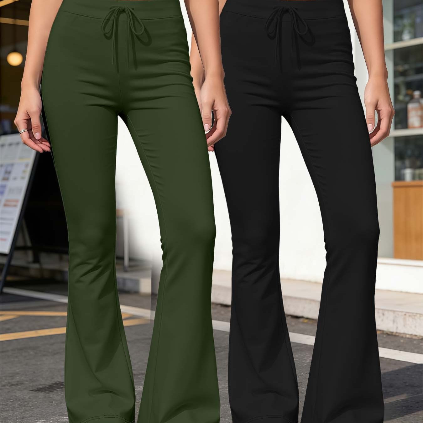 TEMU And Leg-lengthening, Versatile 2pcs Set, Basic Solid Color, Medium-stretch Fabric, High-waisted Drawstring, Slightly Flared Casual Women's Pants