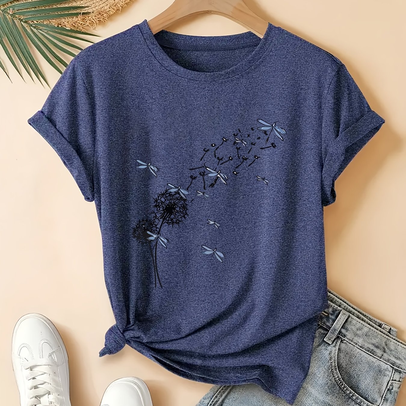 TEMU Women's Plus Size Casual T-shirt Black Dandelion Illustration Pattern Print Spring Summer Autumn Round Neck Short Sleeve Fashion Vacation Daily