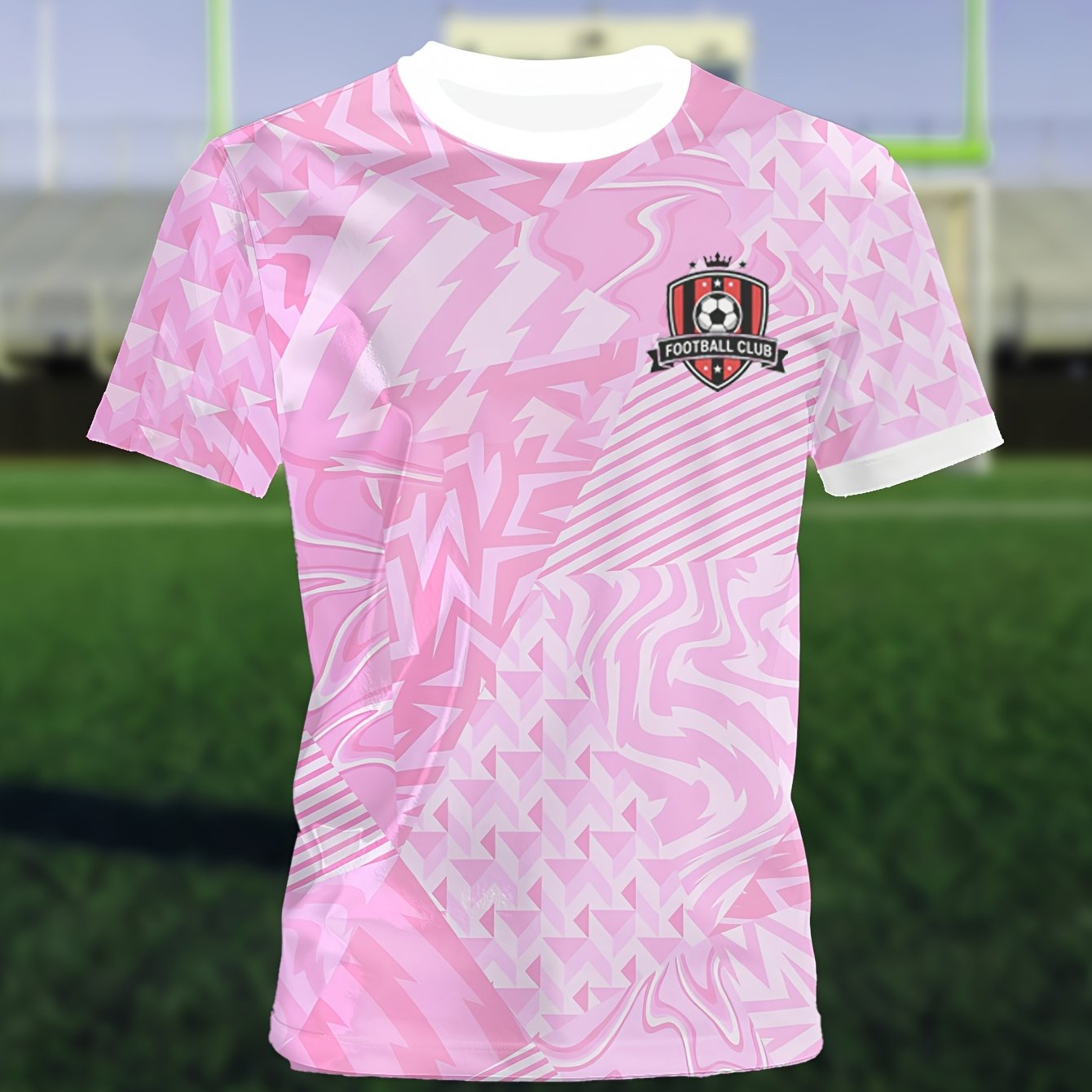 TEMU Custom Men's Short-sleeve Jerseys For Basketball And Soccer, Featuring A Pink Background, Geometric Patterns, '00', White Text 'your Name', Logo