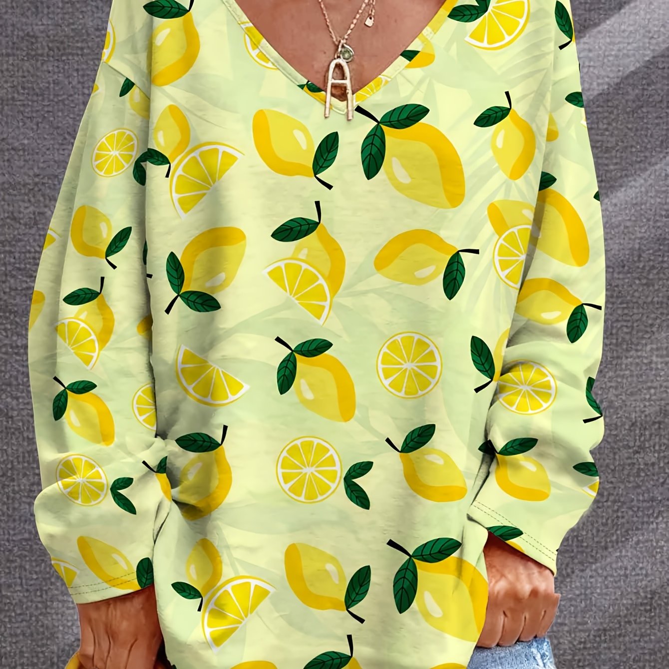 TEMU Women's Plus Size Lemon Print Loose V-neck Long Sleeve Top, Casual Versatile Shirt For Spring And Summer